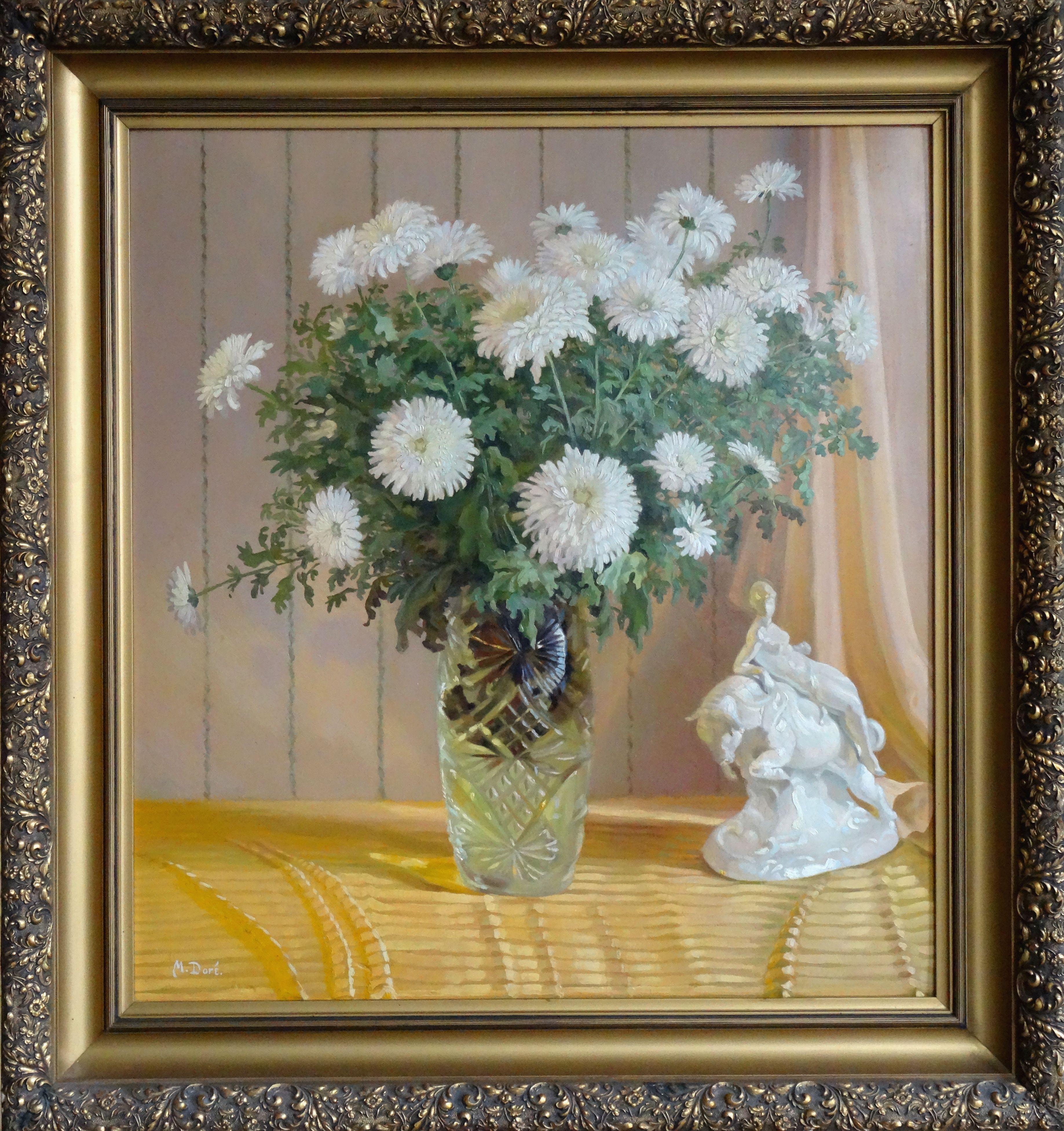 M. Dor - Chrysanthèmes. Huile sur carton, 76x70 cm - Marron Still-Life Painting par Unknown
