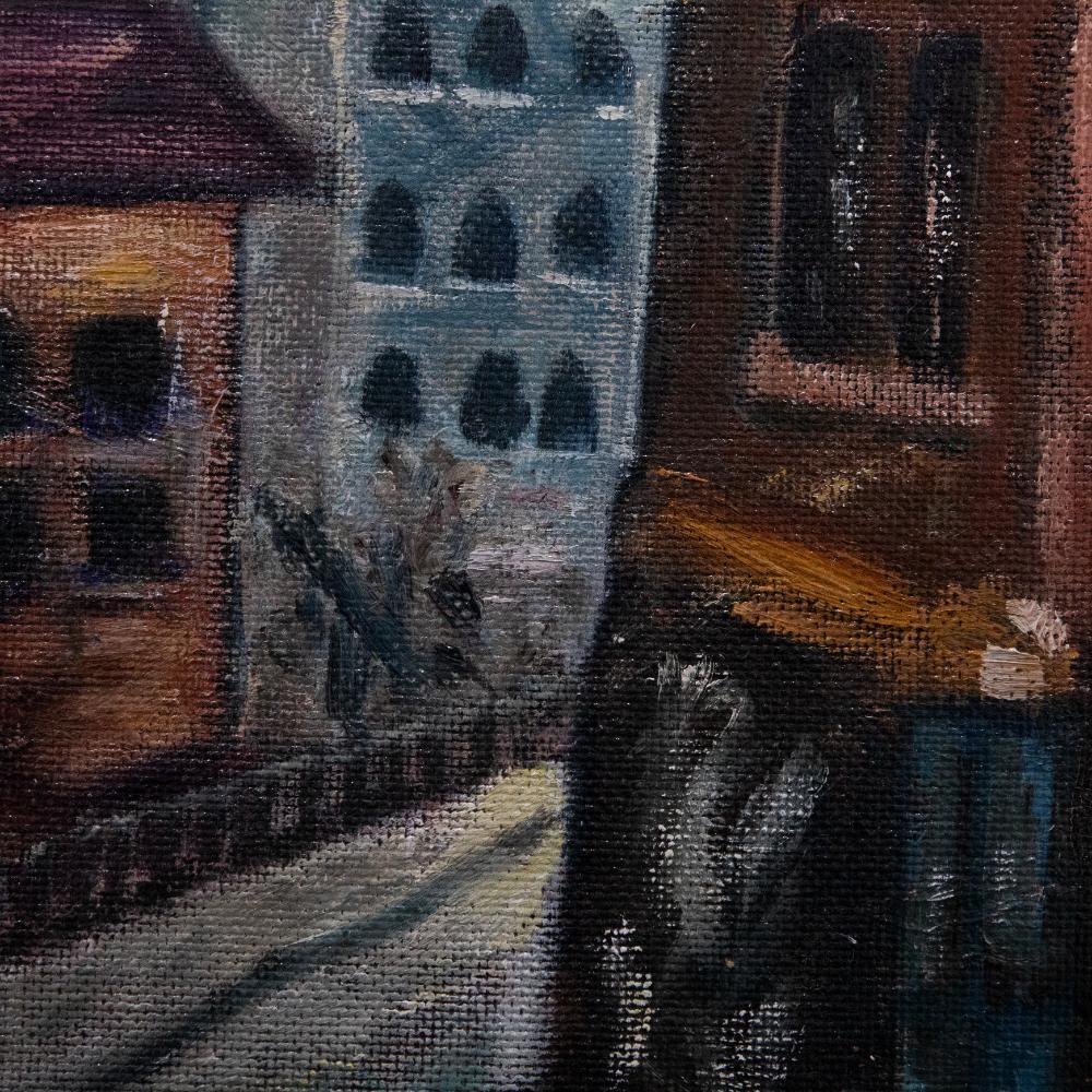 A captivating oil depicting an industrial street scene, viewed through the arch of a bridge. Signed and dated to the lower right. On board. 