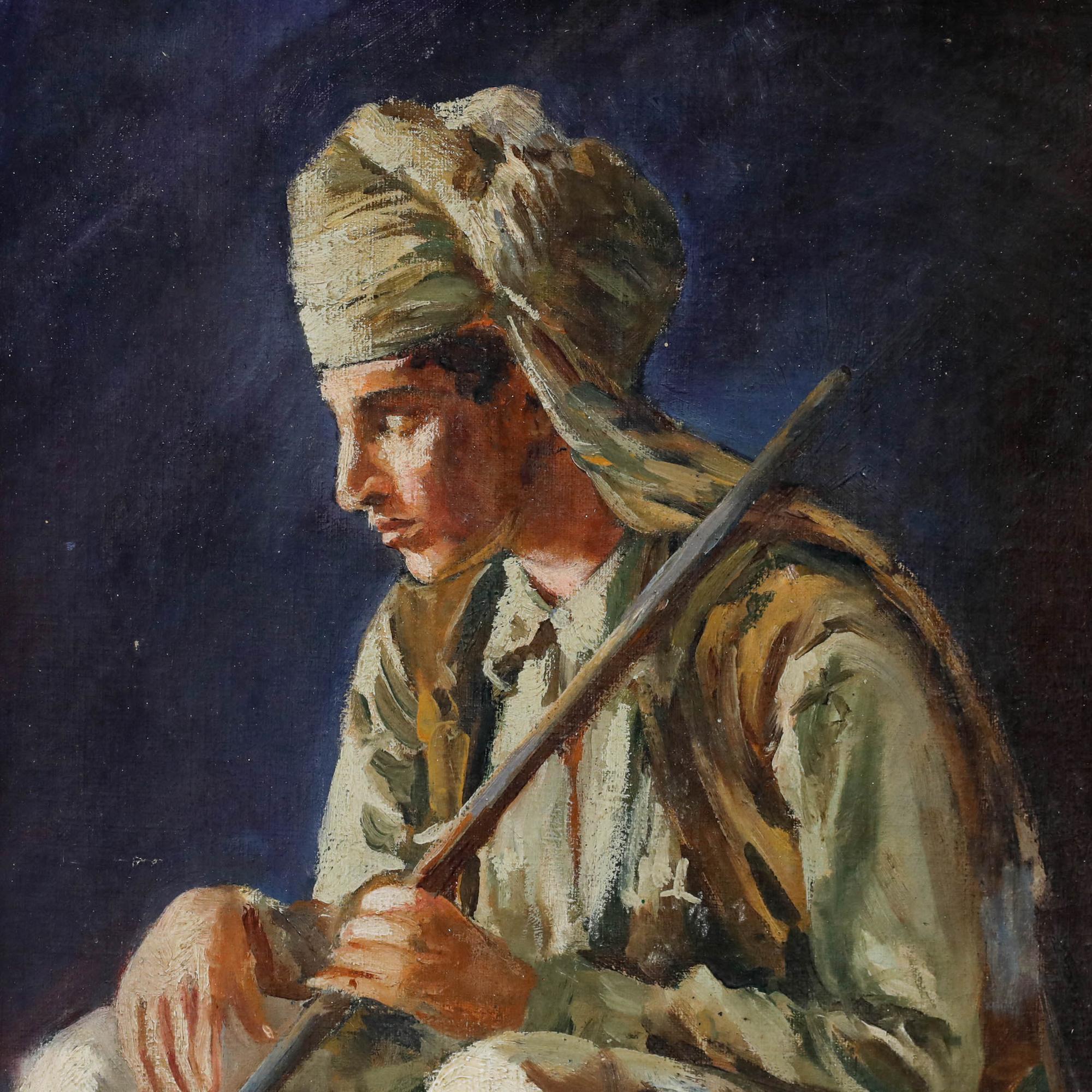 M. Henderson  - Début du 20e siècle Huile, Garde au repos - Marron Portrait Painting par Unknown