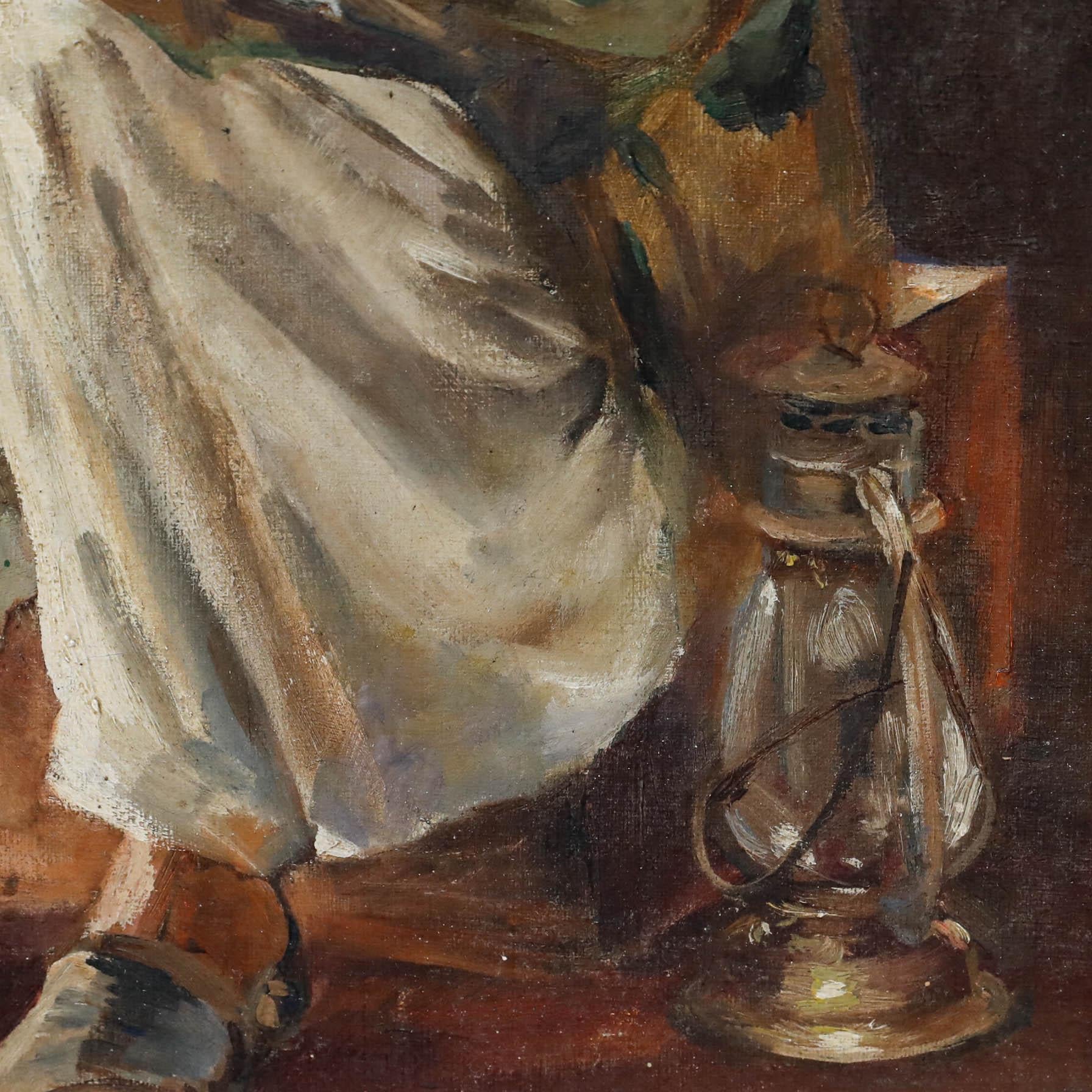 Portrait d'ambiance représentant un garde portant un grand bâton et reposant sur un tabouret bas. Signé. Présenté dans un cadre doré.