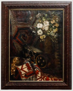 Antique M. Hoster - Framed Late 19th Century Oil, Still Life of Flowers with Militaria