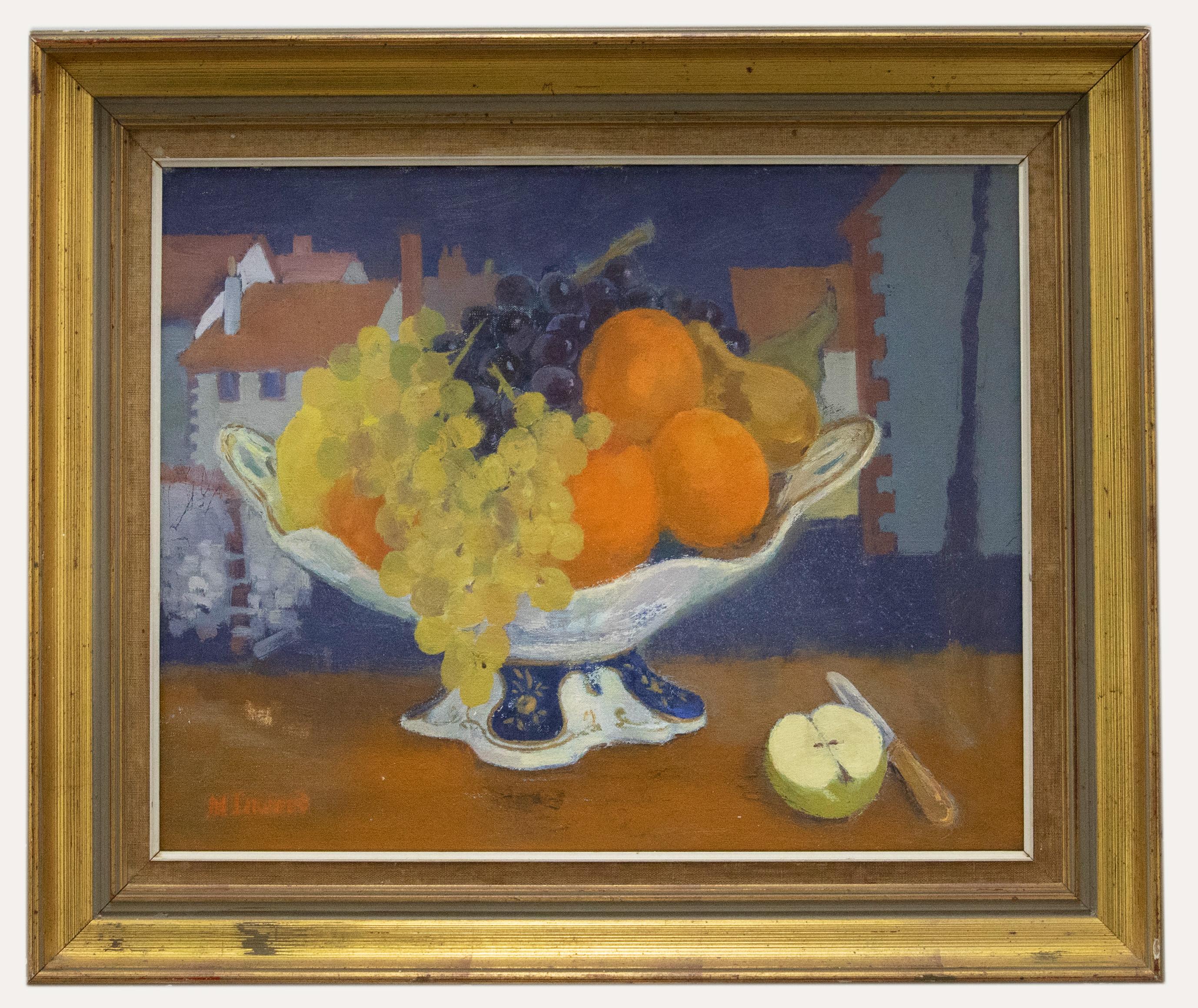 Still-Life Painting Unknown - M. Inwood - Modern British 20e siècle Huile, Fruit sur le rebord d'une fenêtre