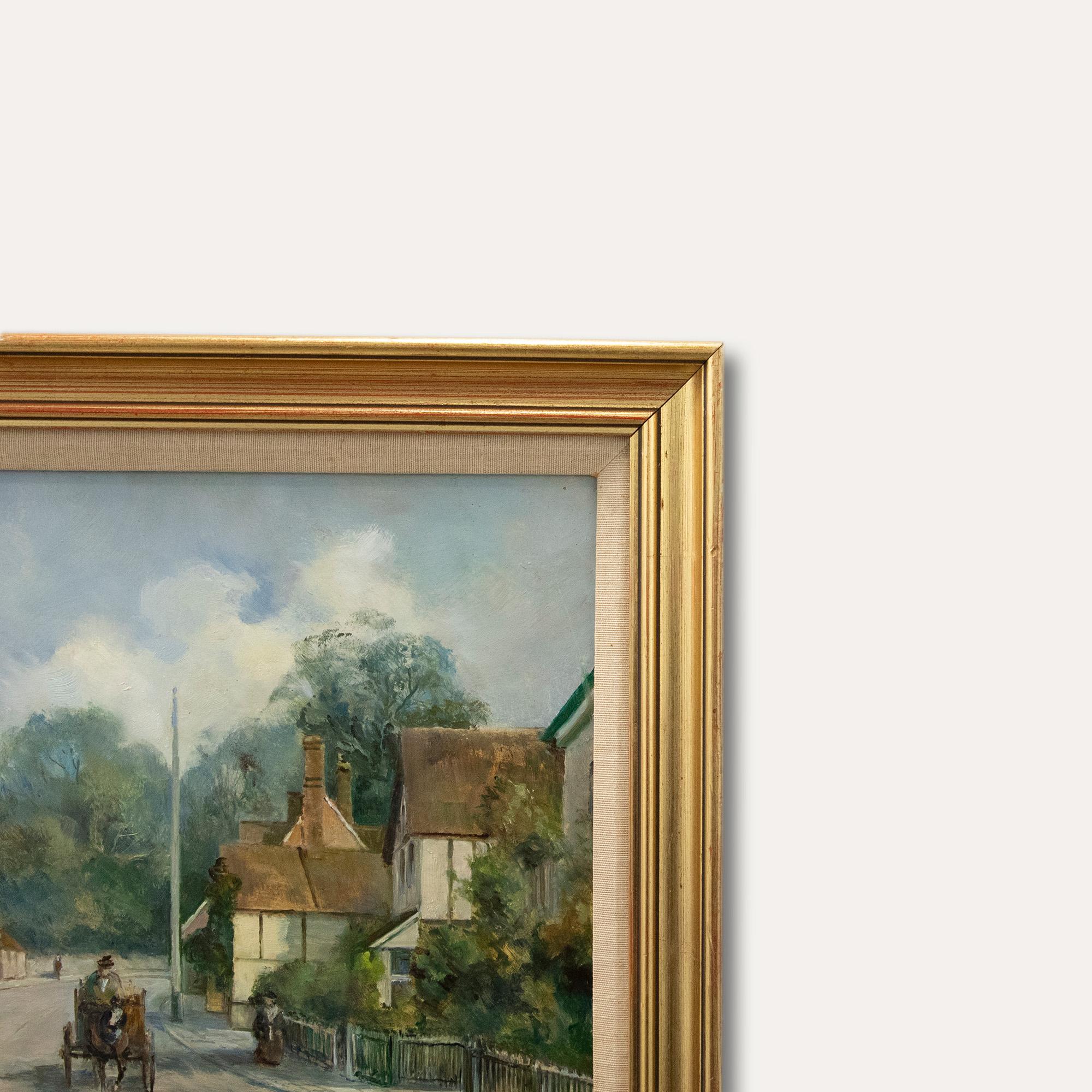 M J Randell - Olio del XX secolo incorniciato, Scena di strada con cavallo e carretto 1