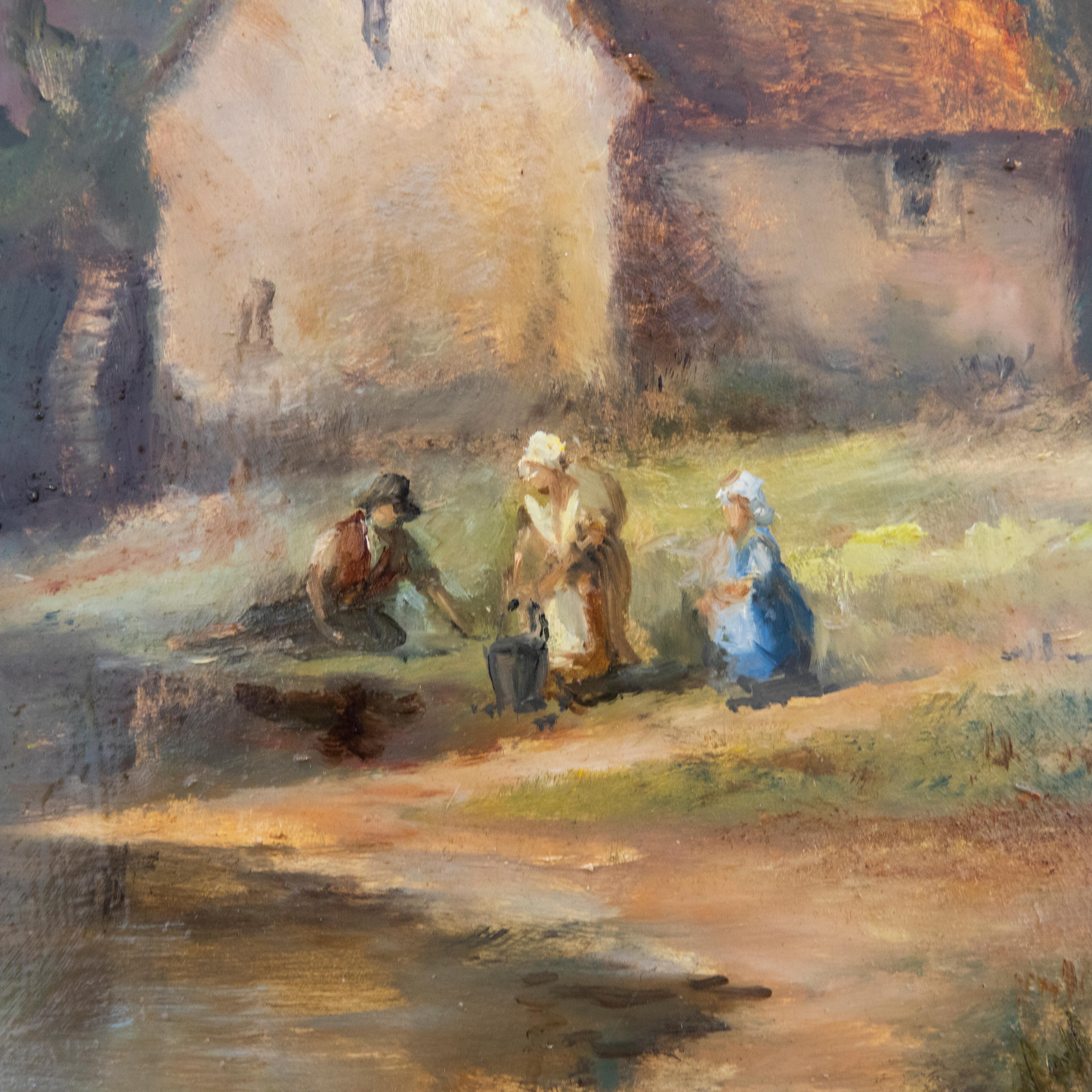 A delightful 20th century oil looking back to the 19th century. The scene shows several figures gather at a shallow river with a large working mill behind. The painting has been signed by the artist to the lower right. On board.

