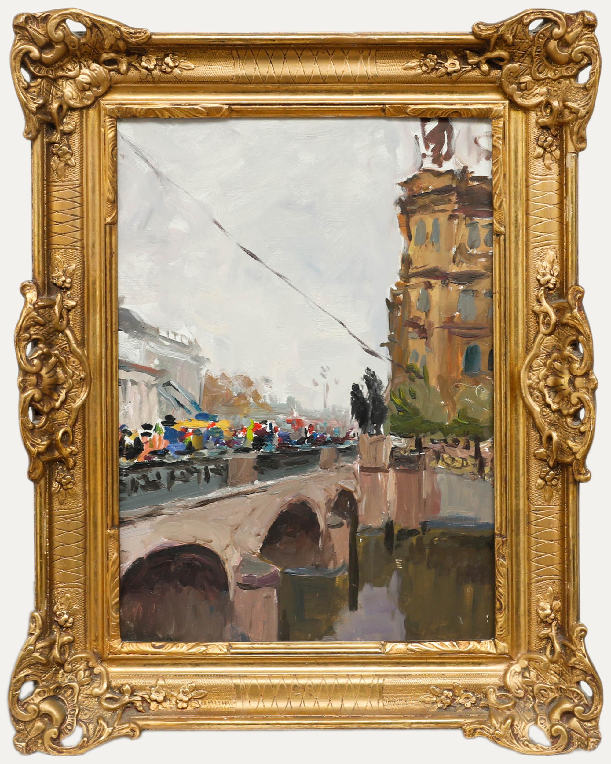 Landscape Painting Unknown - Huile du 20e siècle encadrée, Crowds on the Town Bridge de M. Kazehko