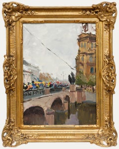 Vintage M. Kazehko - Framed 20th Century Oil, Crowds on the Town Bridge