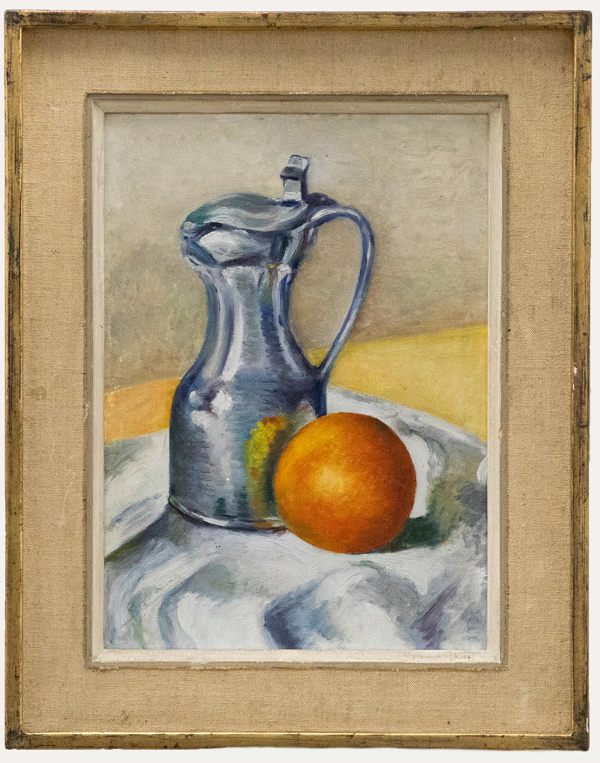 Unknown Still-Life Painting - M. Mania  - 20th Century Oil, Tangerine and Pewter Jug
