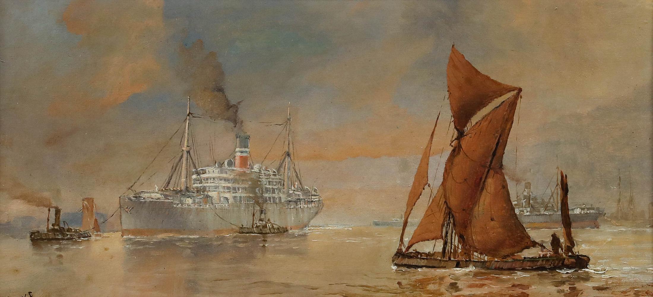 M. Morris  - 1912 Oil, Pulling The Passenger Ship - Painting by Unknown