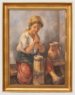 M. Nagy - Framed 20th Century Oil, Portrait of a Lady Churning Butter