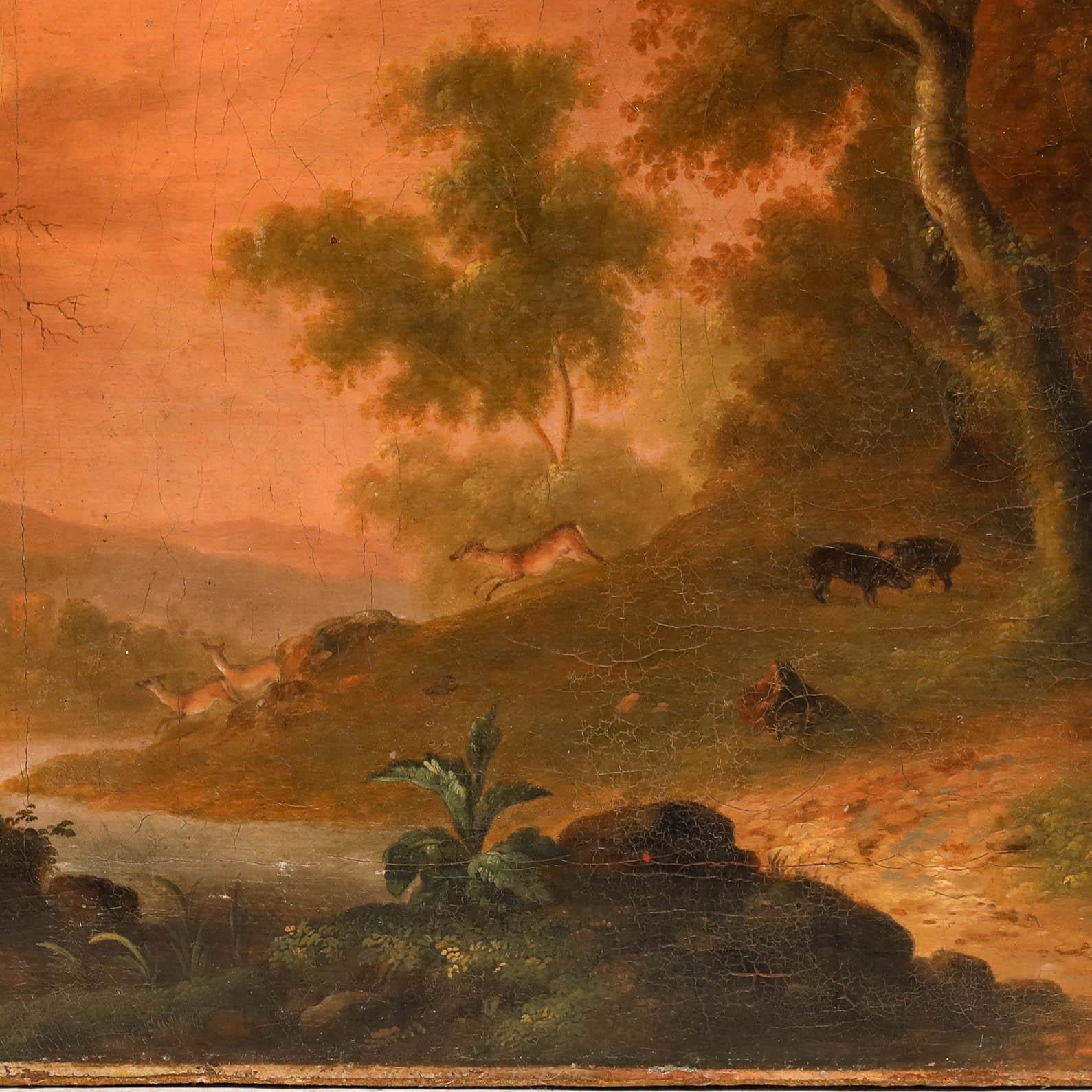 This romantic late 19th-century landscape depicts an idyllic woodland scene bathed in warm, golden light, featuring graceful deer gathered beneath towering trees. Signed, dated and inscribed to the stretchers verso. On canvas on stretchers. 