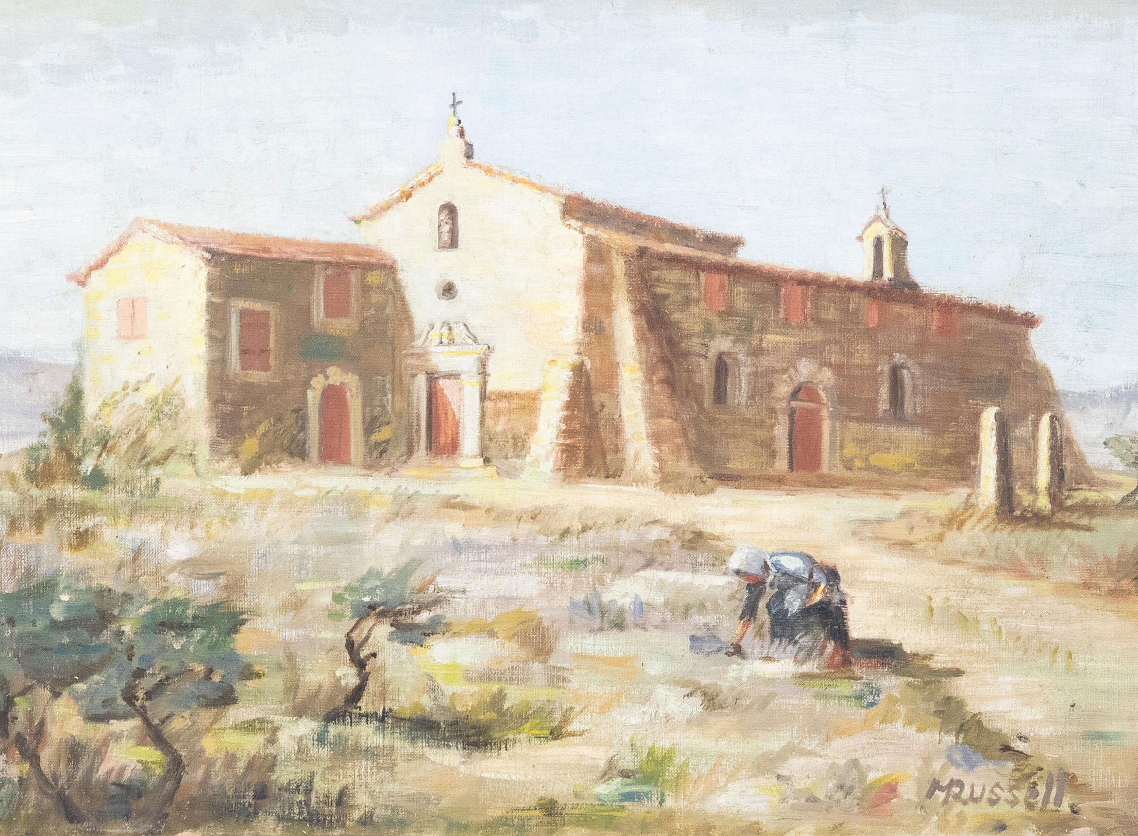M. Russell - c.1965 Oil, Continental Church - Painting by Unknown