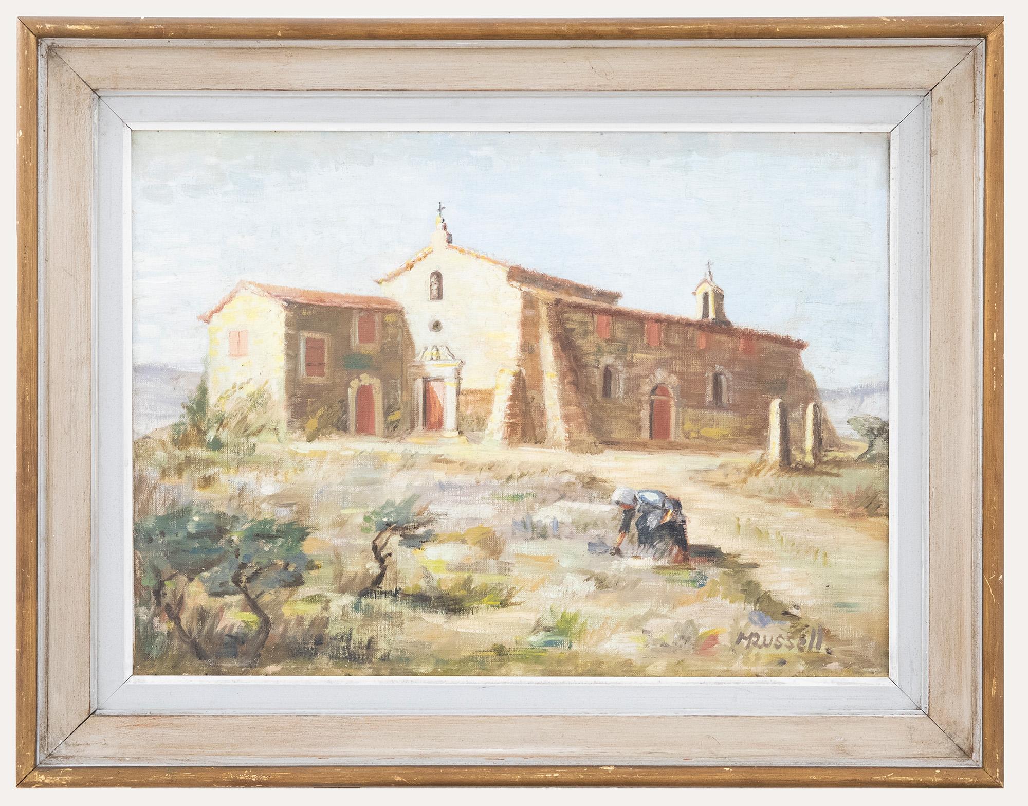 Unknown Landscape Painting - M. Russell - c.1965 Oil, Continental Church