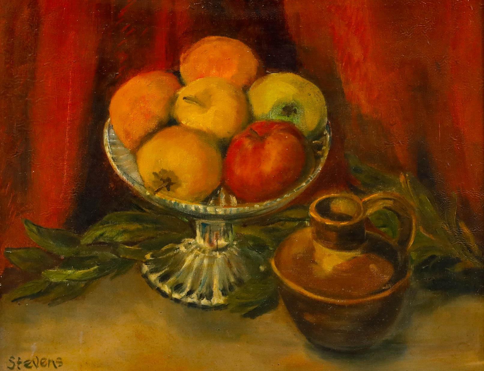 M. Stevens - 1989 Öl, Äpfel auf der Glasplatte – Painting von Unknown