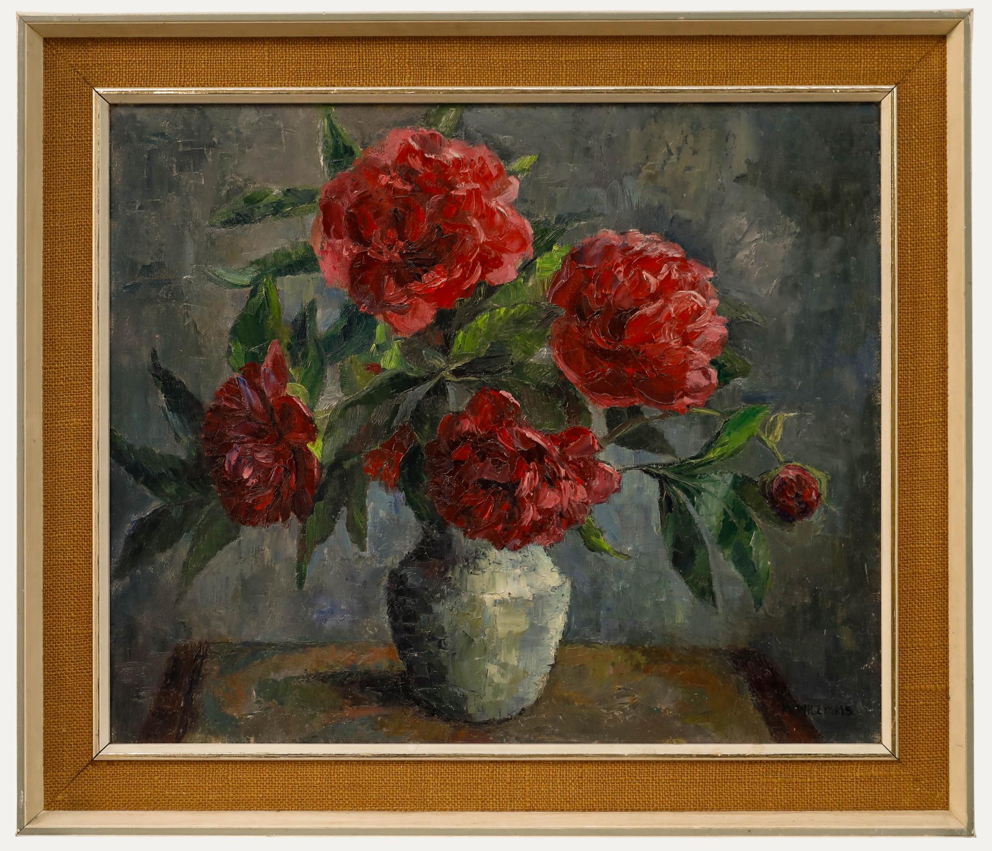 M. Williams - Framed 20th Century Oil, Still Life of Peonies