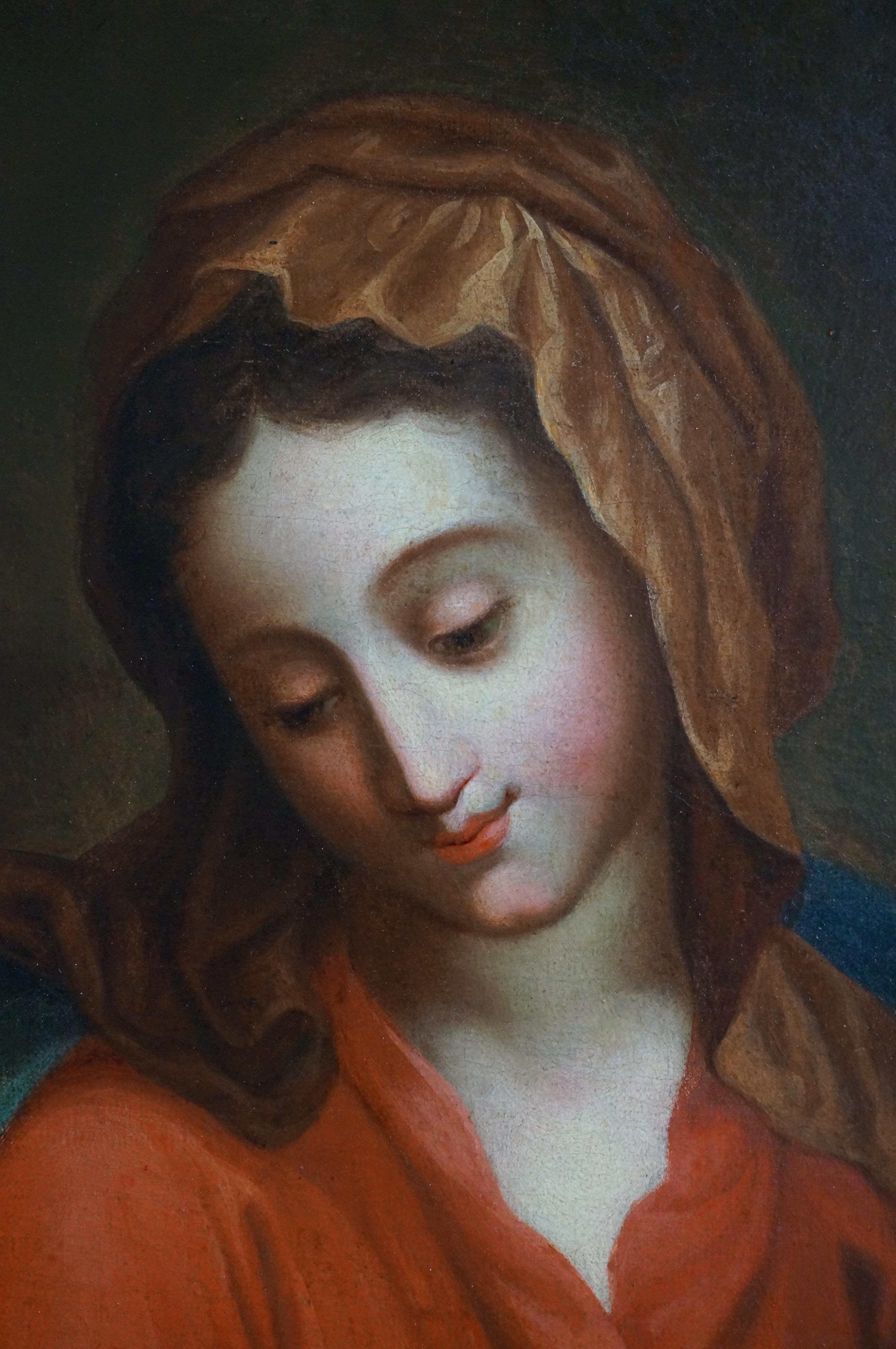 Italian School, 18th century
Depicted are the Madonna and Child Jesus, the virgin Mary is holding the Child Jesus lovingly in her arms. The child, lying on a bundle of cloth and with a nimbus around his head (expressing his divine nature) is looking
