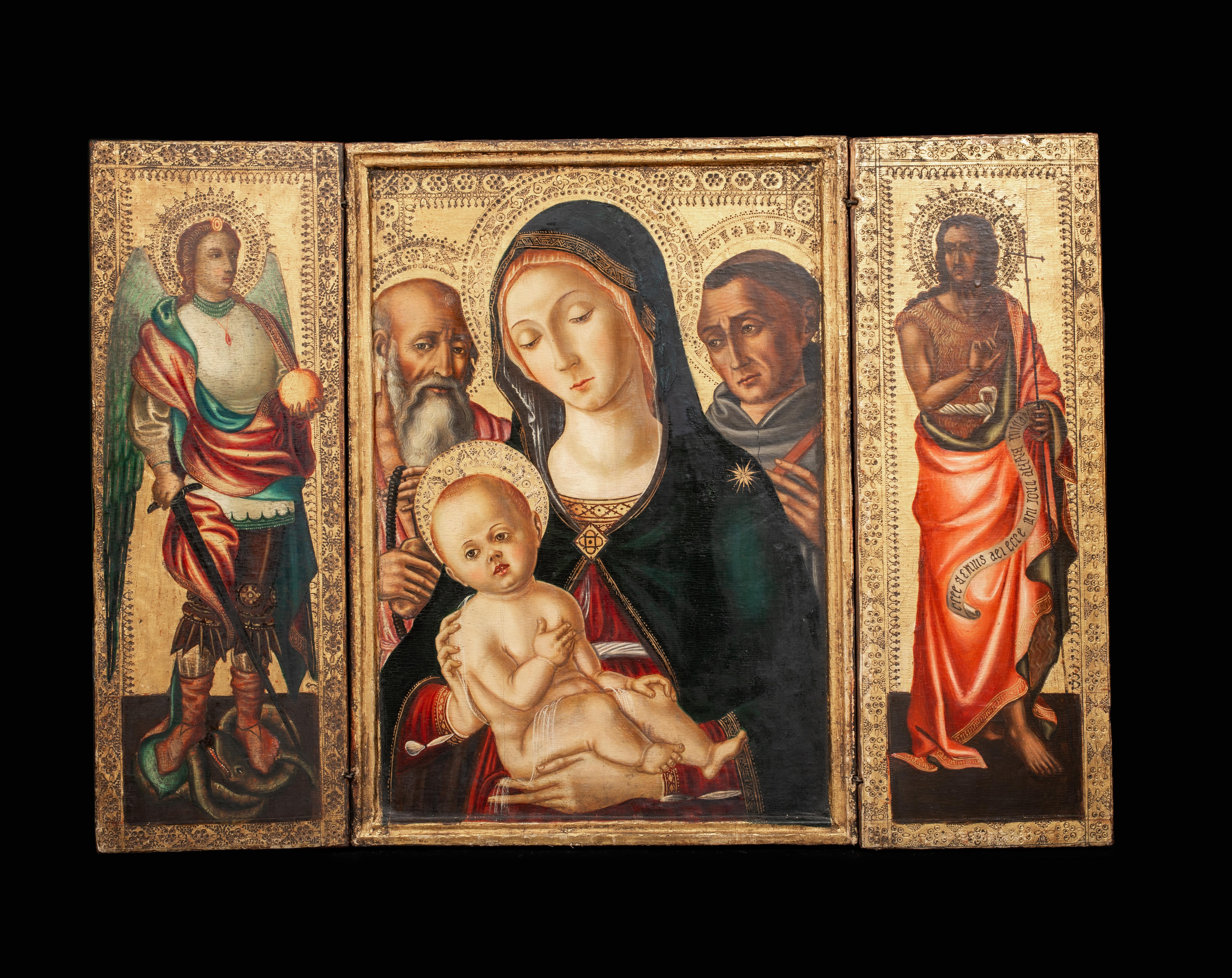 Madonna & Child St Jerome St Francis, Archangel Michael, St John, Triptych  - Painting by Unknown