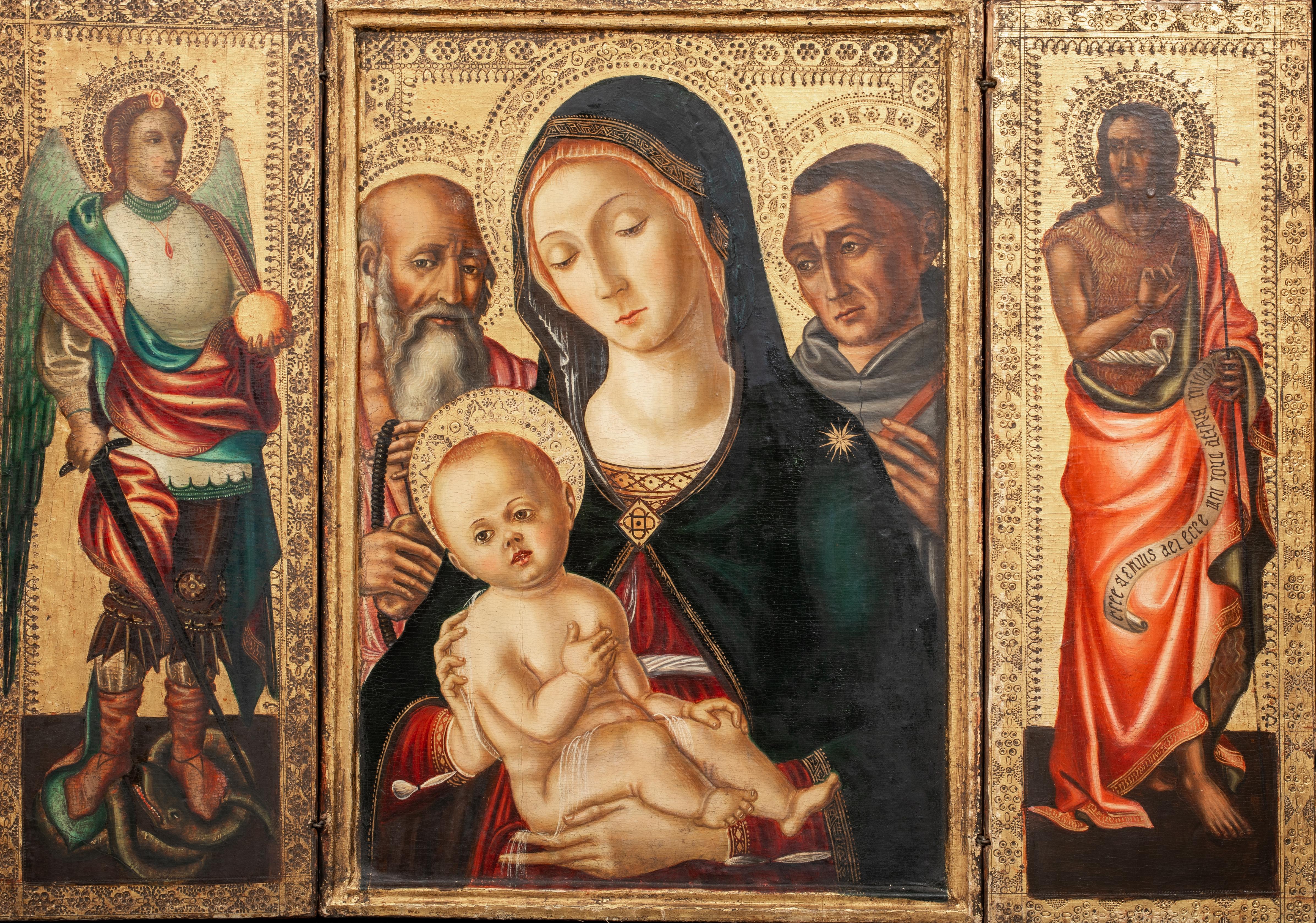 Unknown Portrait Painting - Madonna & Child St Jerome St Francis, Archangel Michael, St John, Triptych 
