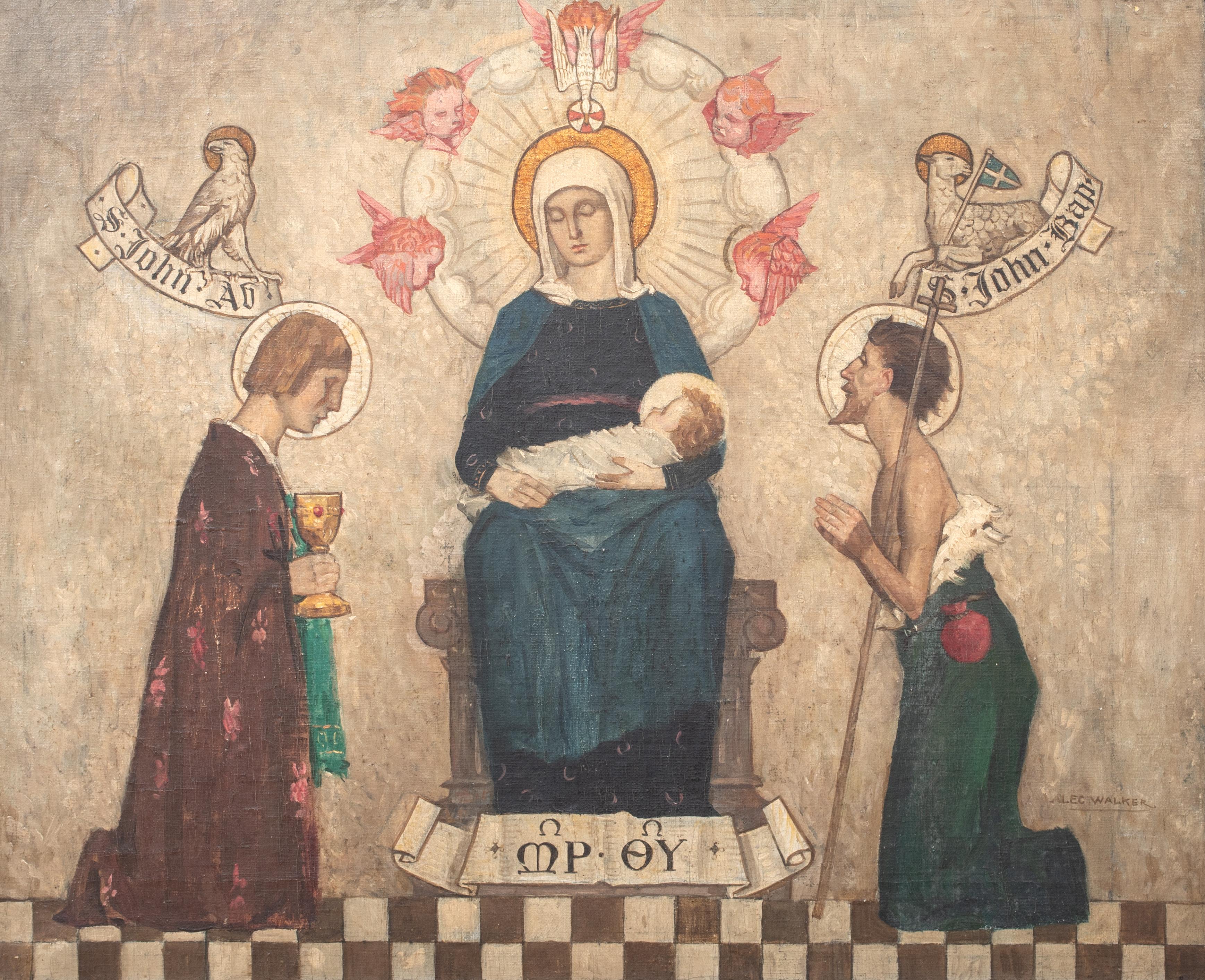 Madonna, Child, St John & St John the Baptist, 19th Century - Beige Portrait Painting by Unknown