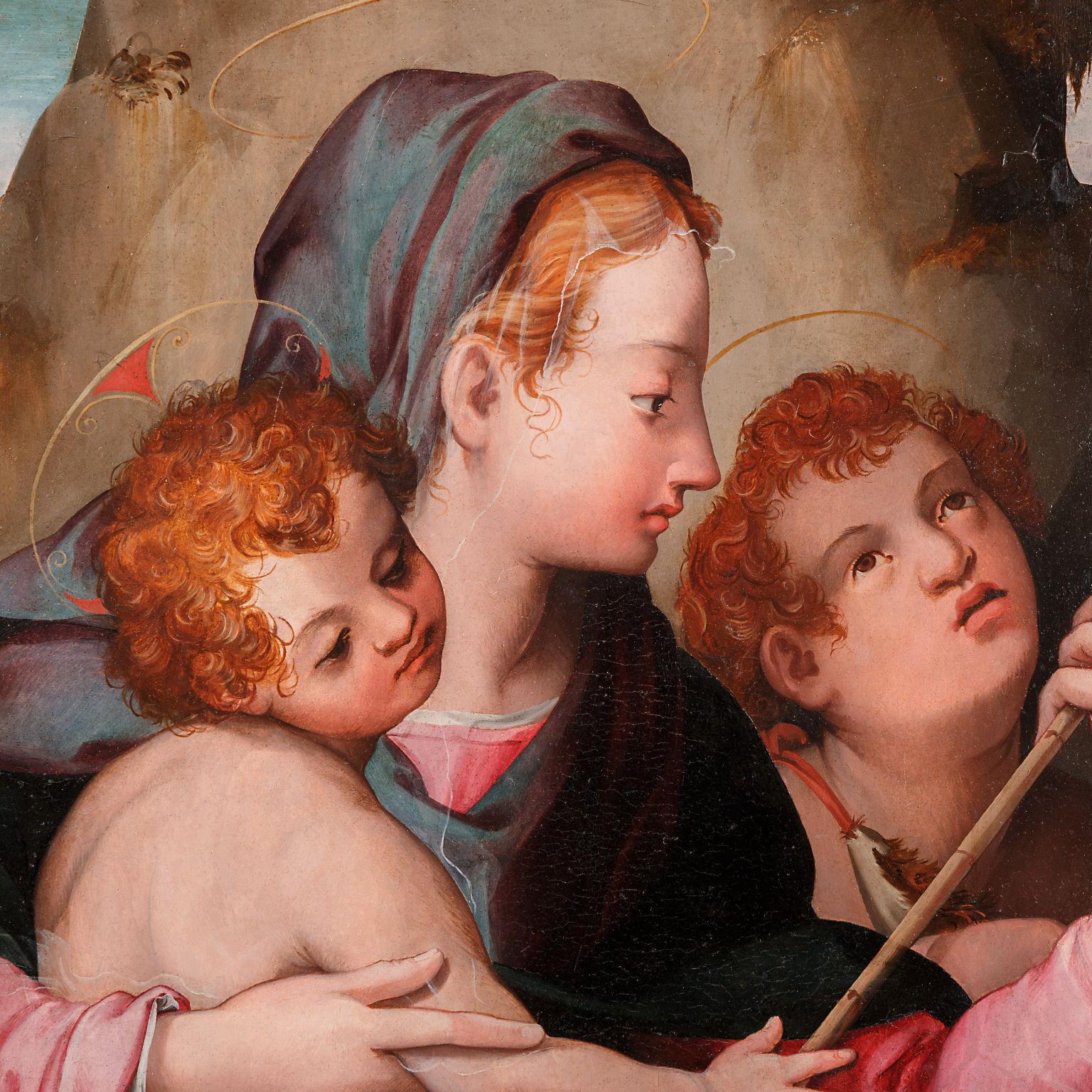 Madonna und Kind mit dem Heiligen Johannes, um 1540-1560. Carlo Portelli zugeschrieben – Painting von Unknown