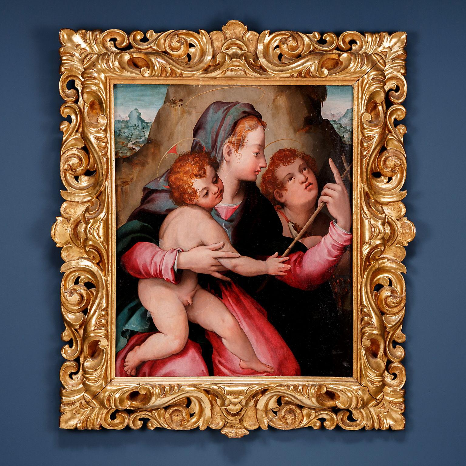 Unknown Figurative Painting – Madonna und Kind mit dem Heiligen Johannes, um 1540-1560. Carlo Portelli zugeschrieben
