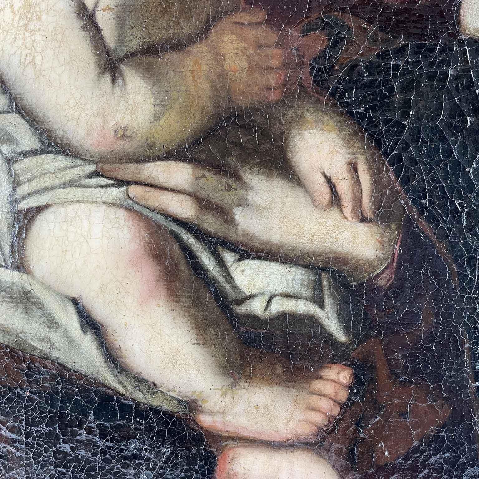 Madonna mit Kind Ende des 17. Jahrhunderts, Ölgemälde auf Leinwand aus Norditalien, in gutem Zustand, in einem Nussbaumrahmen, aus einer Mailänder Privatsammlung.  Das Werk der italienischen Schule ist unsigniert und zeigt die Jungfrau, die das