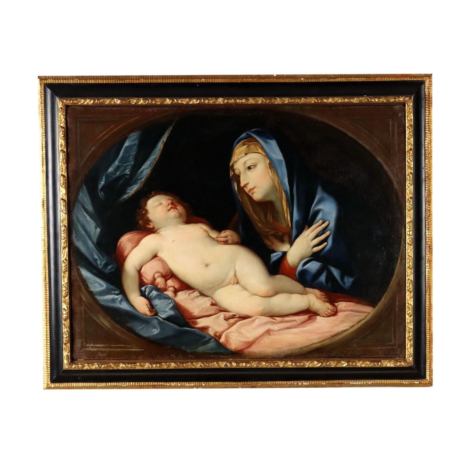 Unknown Figurative Painting - Madonna in Adorazione del Bambino dormiente, Copia da Guido Reni