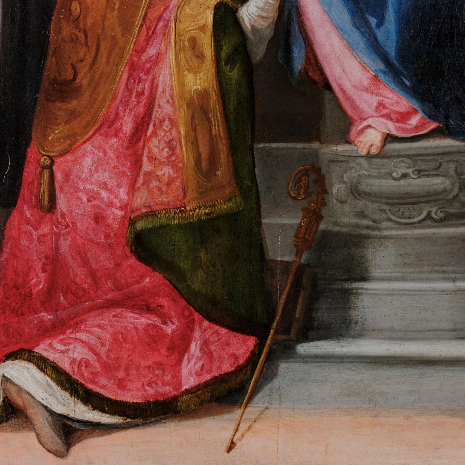 Thronende Madonna mit Kind zwischen Engeln und dem heiligen Nikolaus von Tolentino im Angebot 5