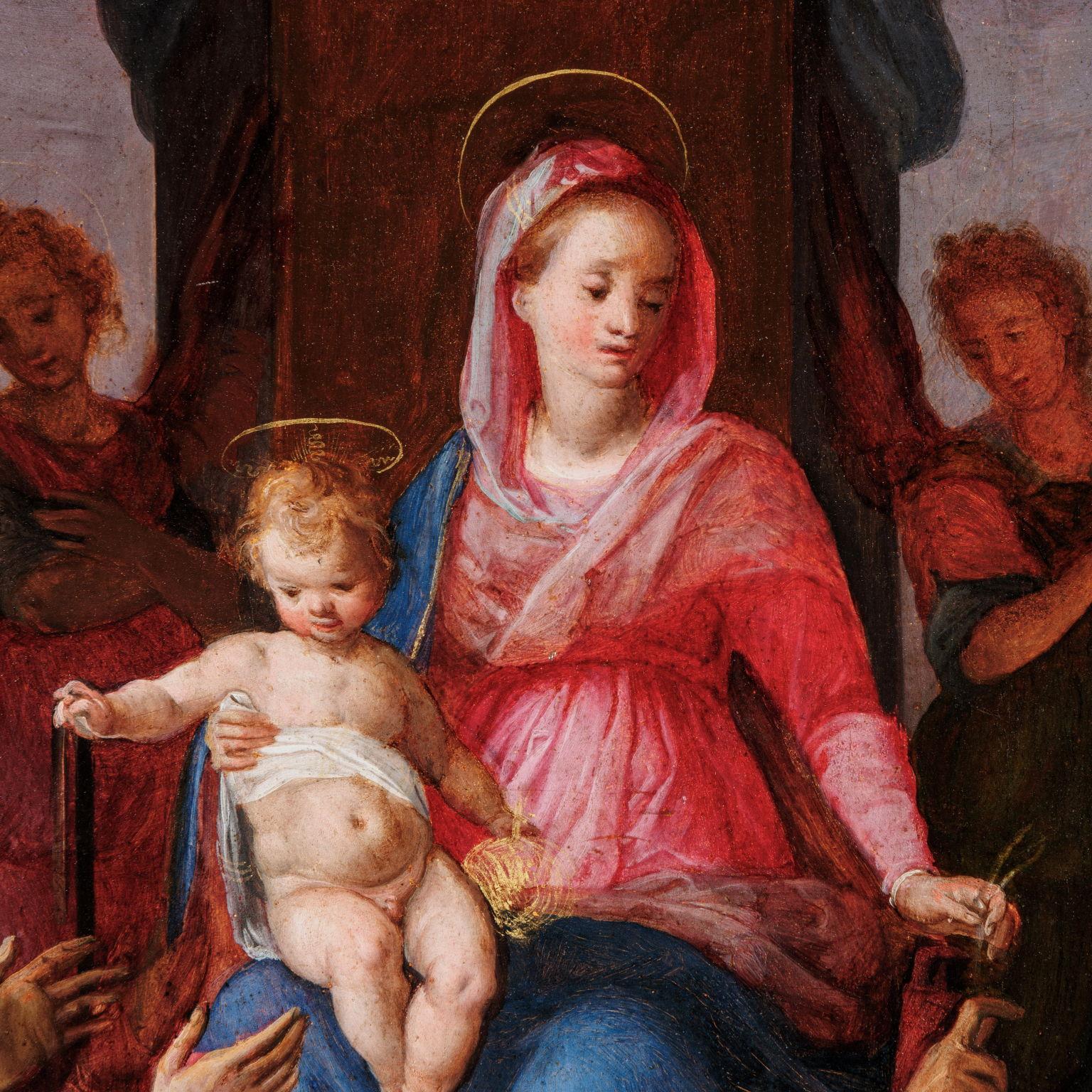 Madonna Enthroned with Child between angels and saints Nicholas of Tolentino - Painting by Unknown