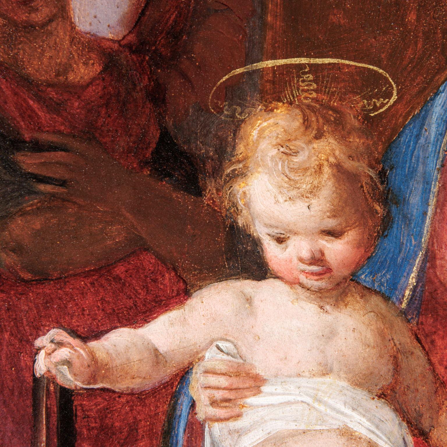 Vierge à l'enfant entre des anges et les saints Nicolas de Tolentino - Black Figurative Painting par Unknown