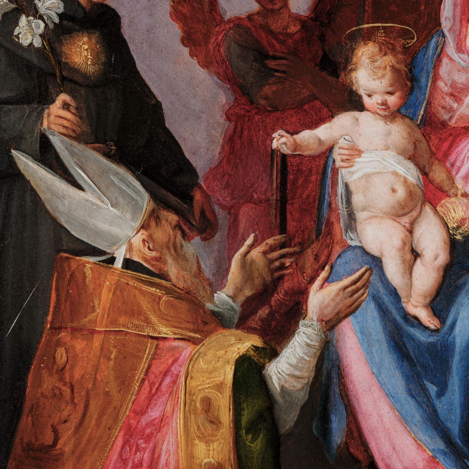 The painting features the enthroned Madonna and Child, two praying angels, and Saints Nicholas of Tolentino, Augustine, Luke the Evangelist, and Monica, below an elegant canopy. The work should be recognized as a preparatory sketch for a large