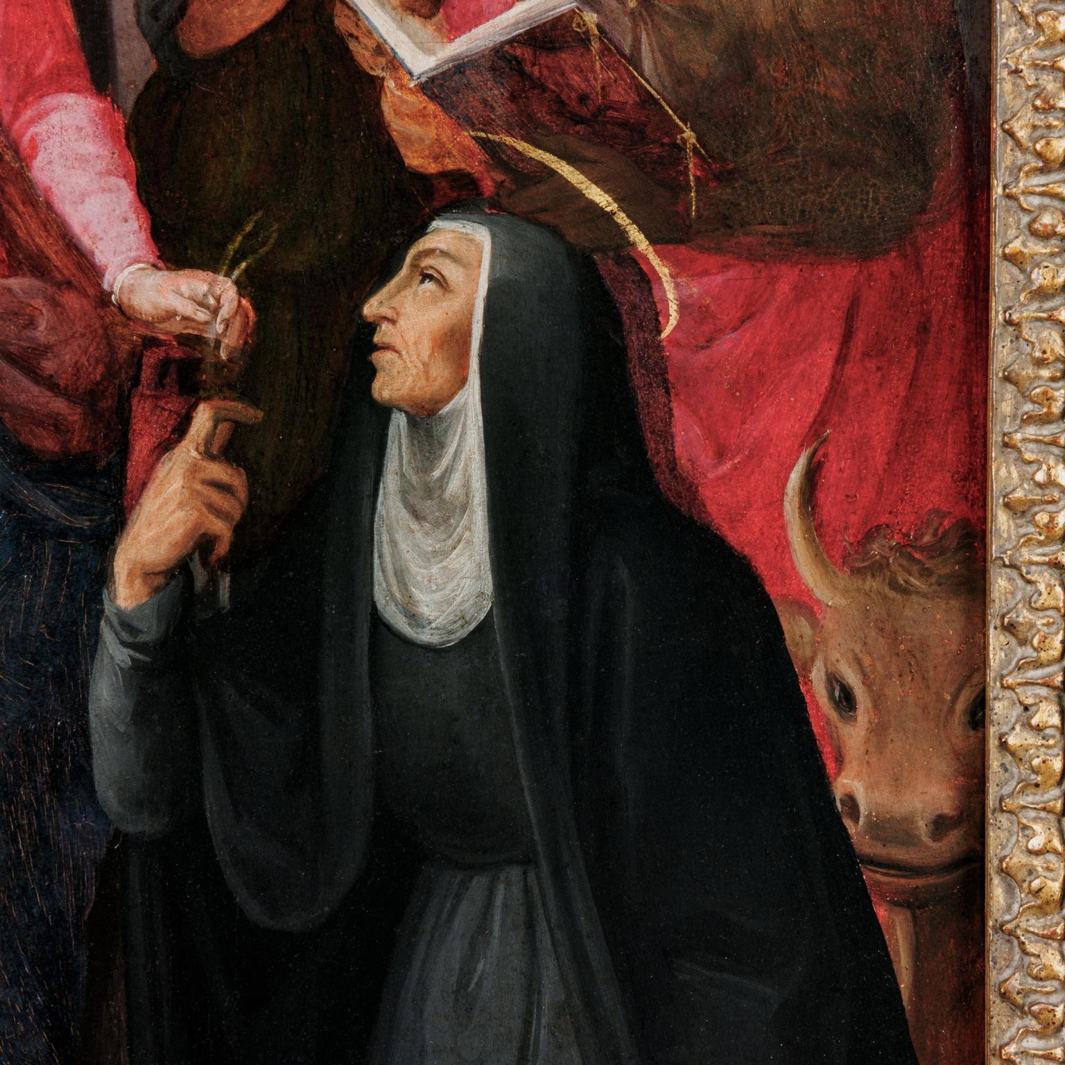 Thronende Madonna mit Kind zwischen Engeln und dem heiligen Nikolaus von Tolentino im Angebot 1