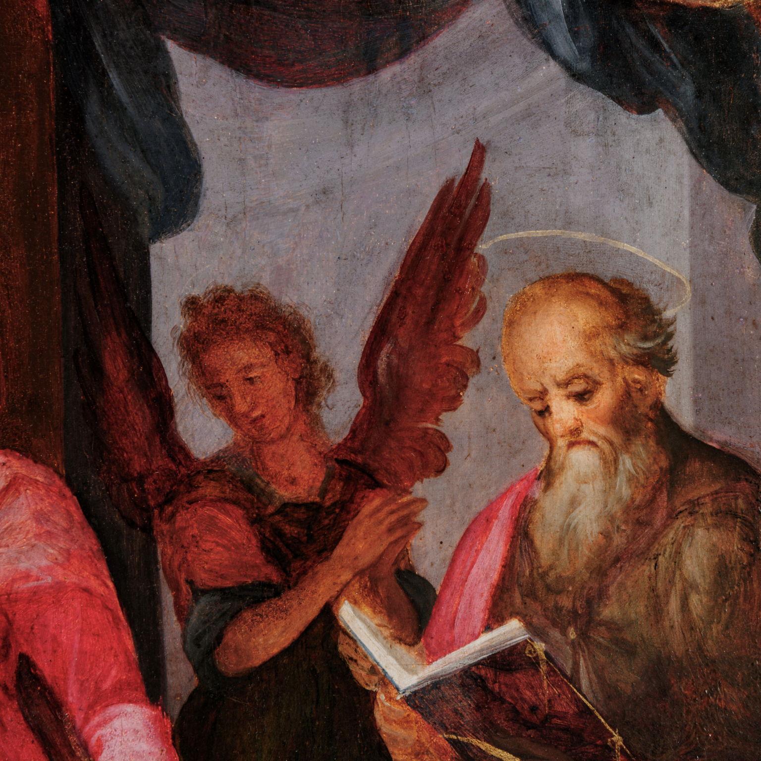 Thronende Madonna mit Kind zwischen Engeln und dem heiligen Nikolaus von Tolentino im Angebot 2