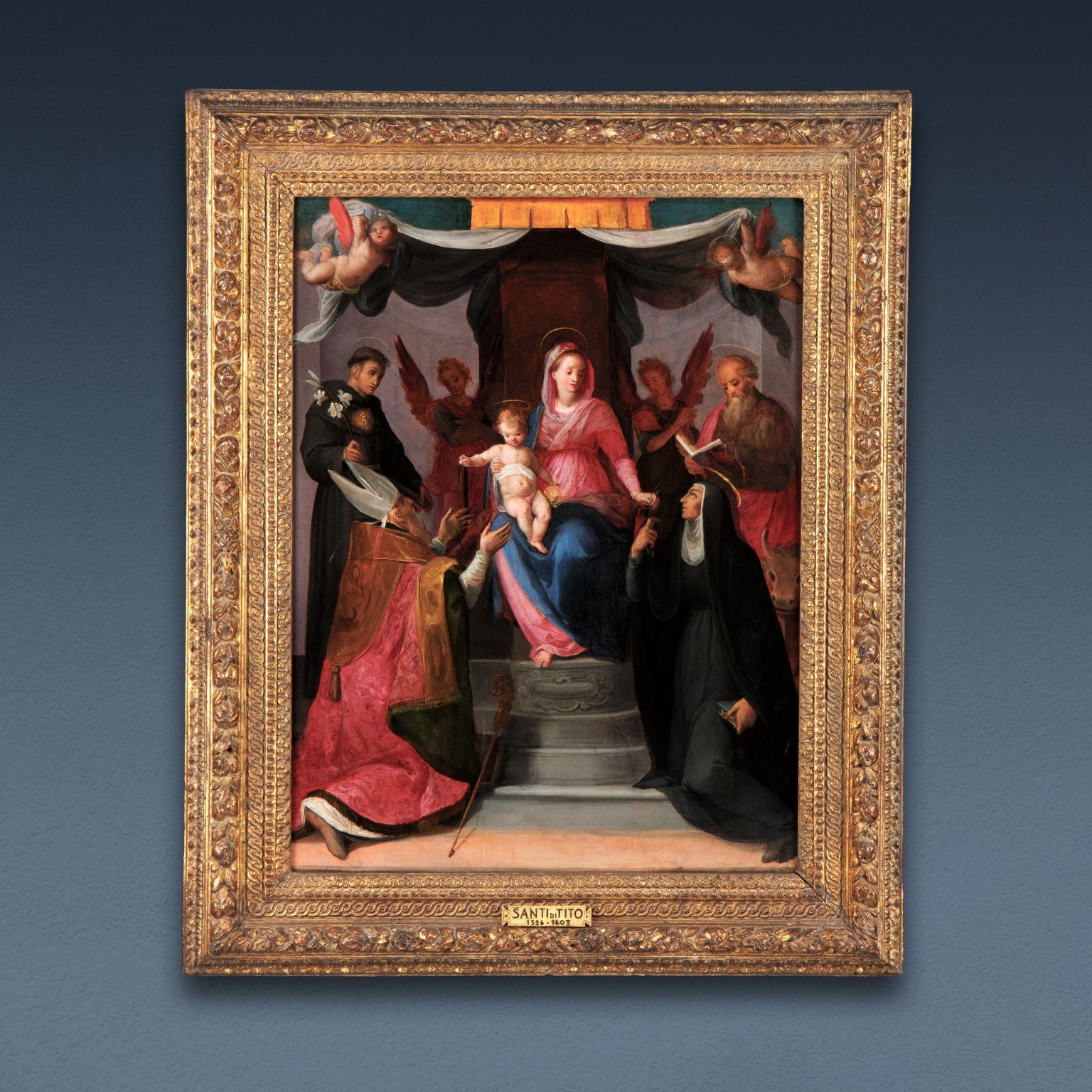 Unknown Figurative Painting – Thronende Madonna mit Kind zwischen Engeln und dem heiligen Nikolaus von Tolentino