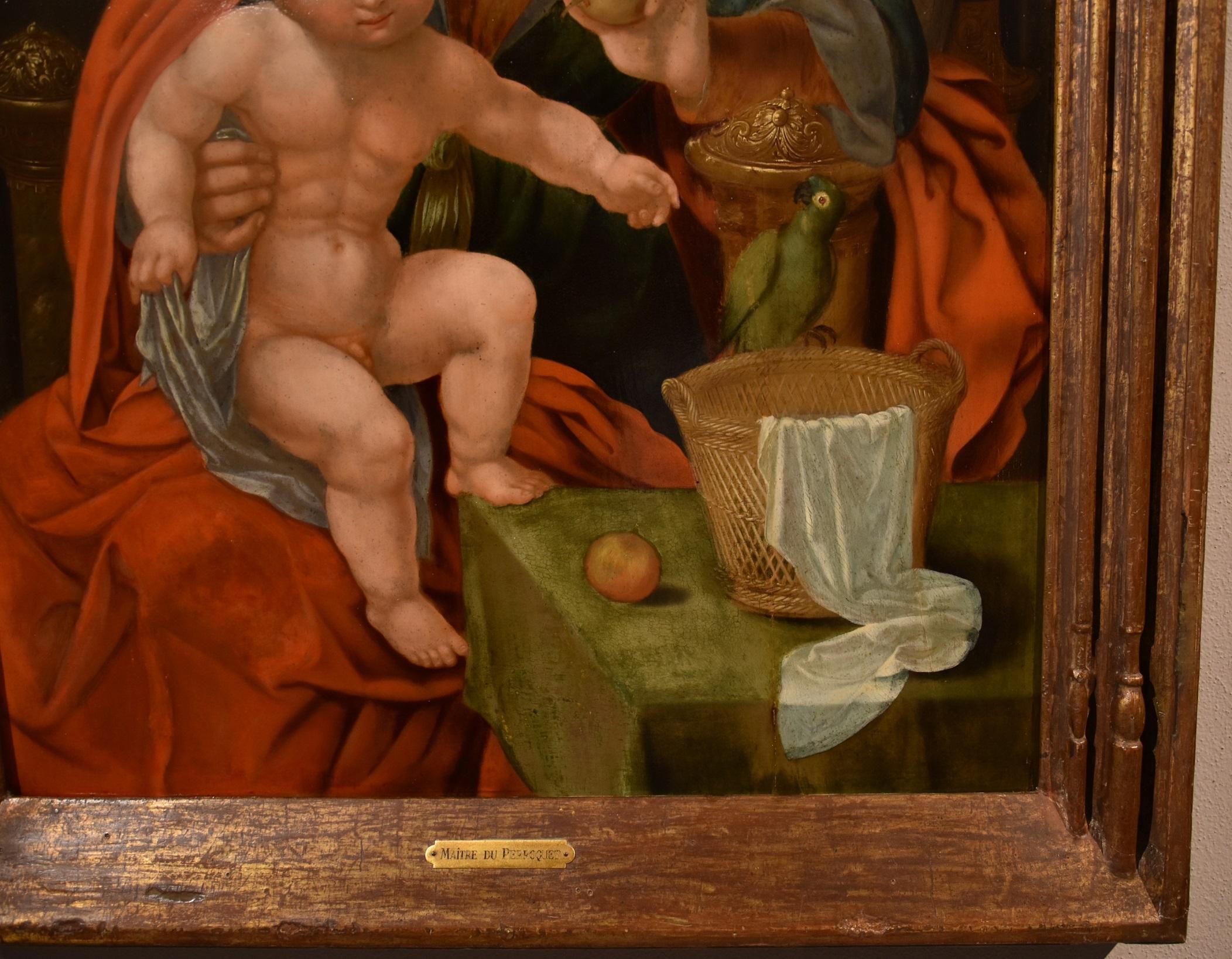 Madonna Papagei Gemälde Öl auf Tisch Alter Meister Flemish Follower Master of Parrot im Angebot 9