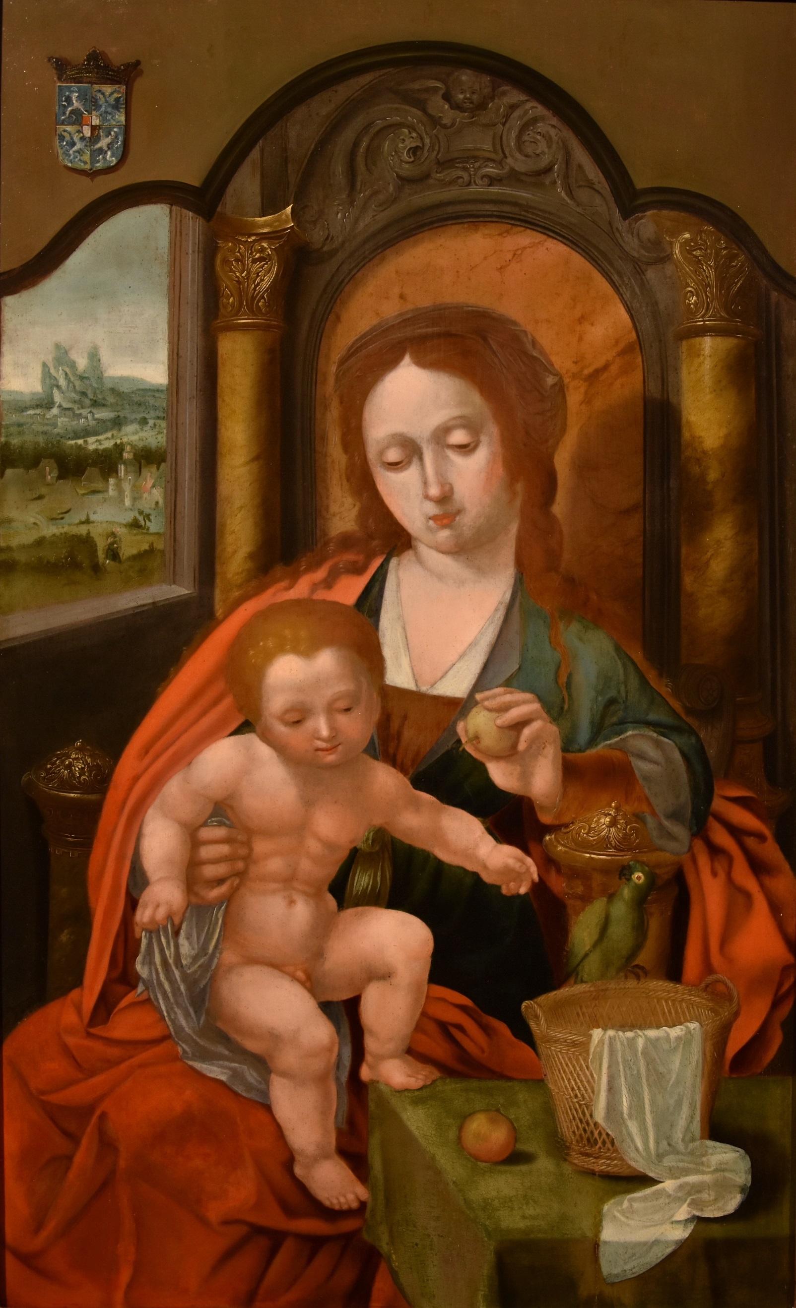 Madonna Papagei Gemälde Öl auf Tisch Alter Meister Flemish Follower Master of Parrot – Painting von Unknown