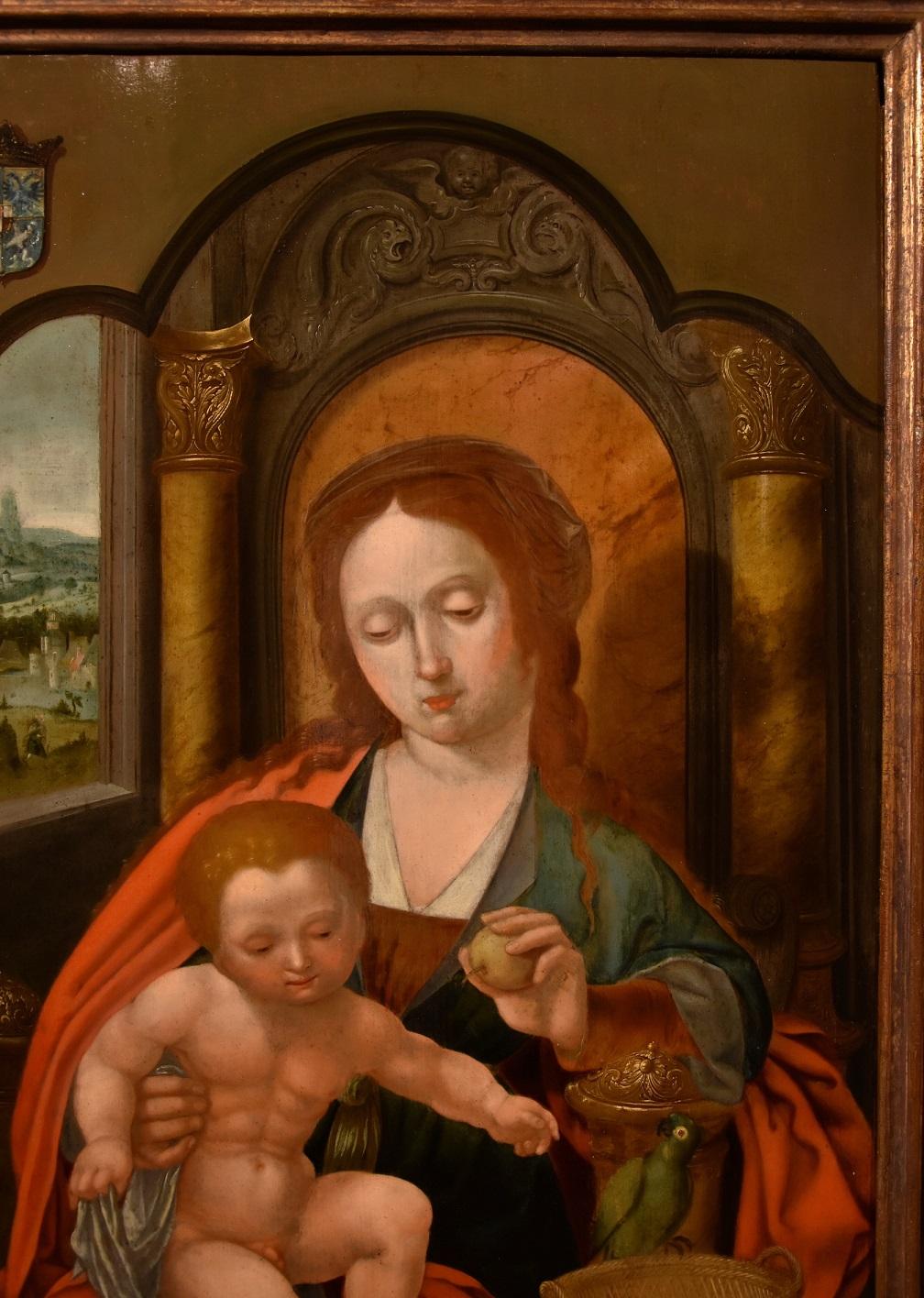 Madonna Papagei Gemälde Öl auf Tisch Alter Meister Flemish Follower Master of Parrot (Braun), Portrait Painting, von Unknown