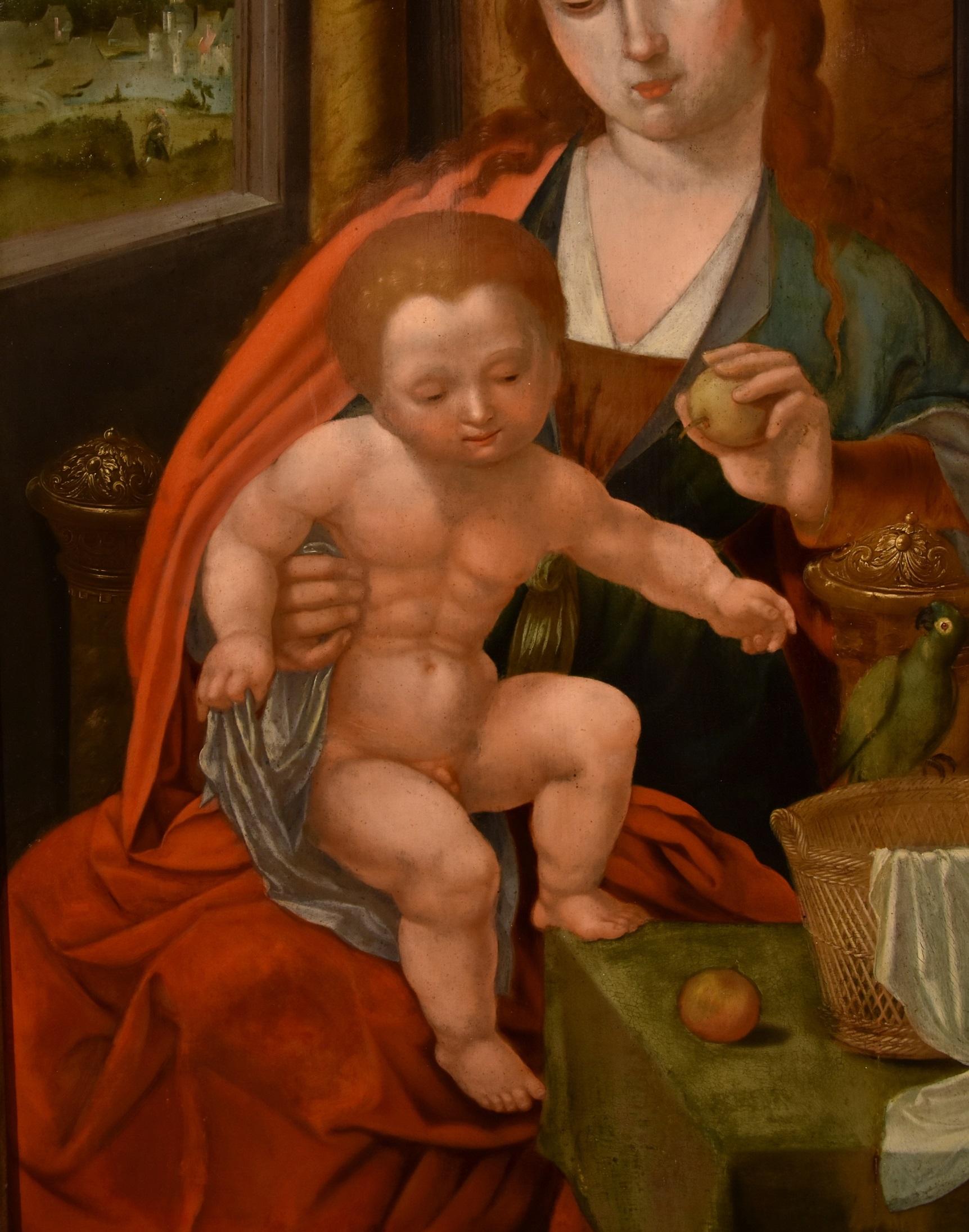 'Master of the parrot' (a painter active in Antwerp in the early 16th century, whose name refers to the parrot who always occurs in his paintings) - follower of

Madonna on the throne with child
(With the coat of arms of the client family in the
