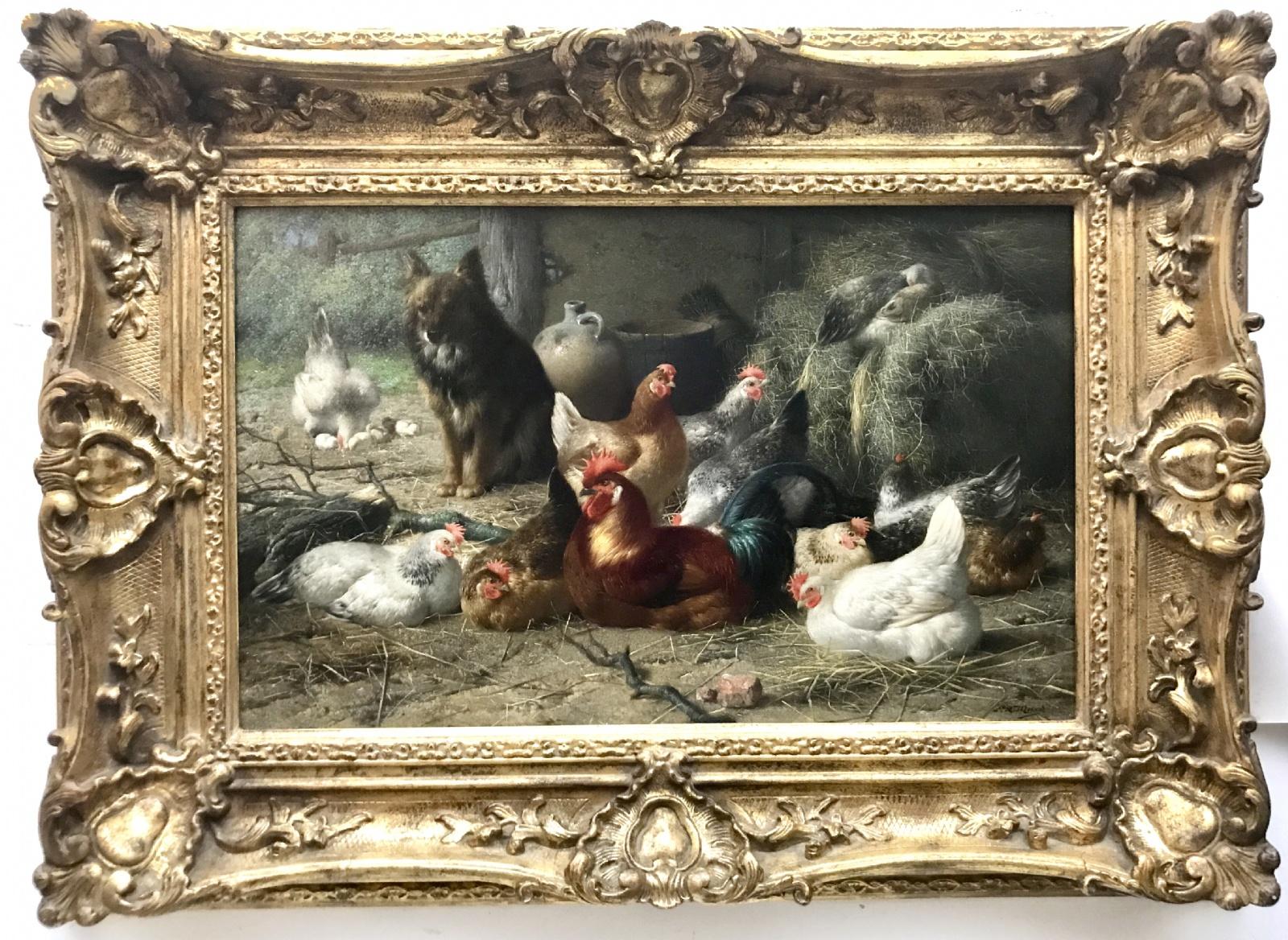 Maes E R - Chien dans le poulailler - Painting de Eugène Rémy Maes