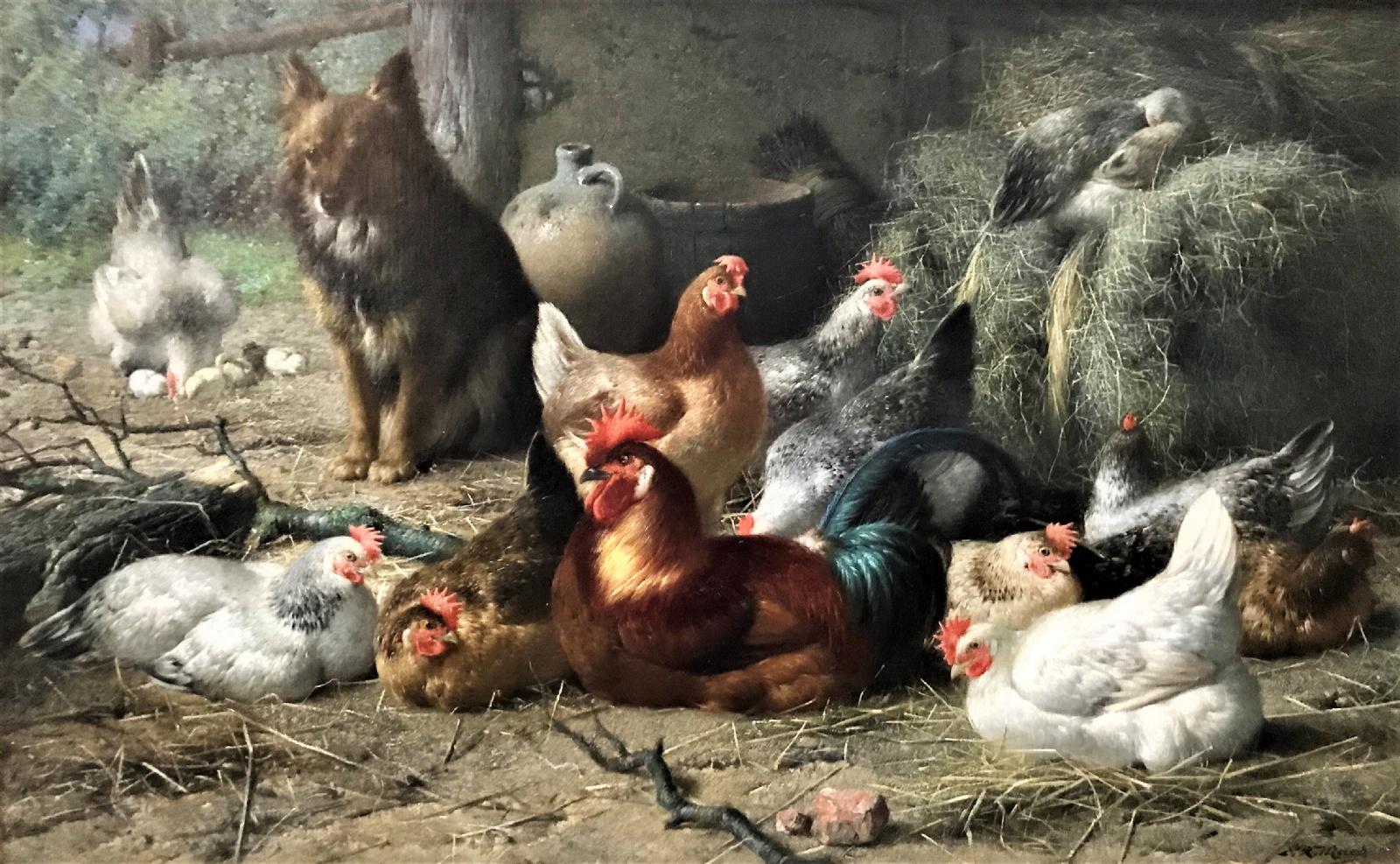 Animal Painting Eugène Rémy Maes - Maes E R - Chien dans le poulailler