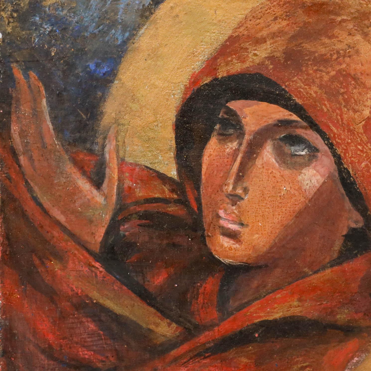 María Magdalena, con un halo dorado detrás de la cabeza, extiende la mano desde debajo de los pliegues de su manto rojo. Firmado e ilegiblemente fechado e inscrito en el reverso. Bien presentado en un marco negro y dorado. A bordo.