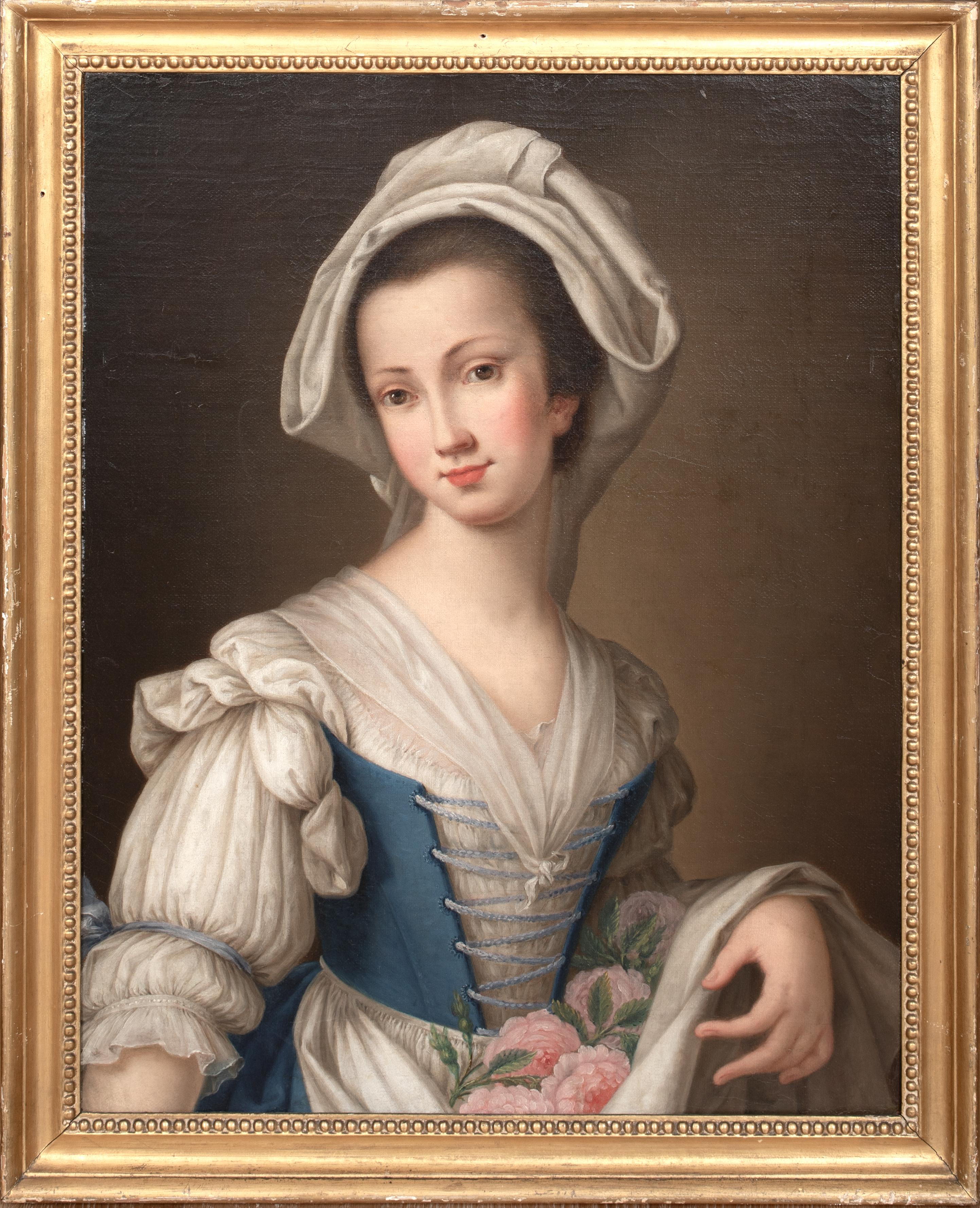 Unknown Portrait Painting - Maid Carrying Roses, 18th Century  attributed to Antonio ROTARI (1707-1762)