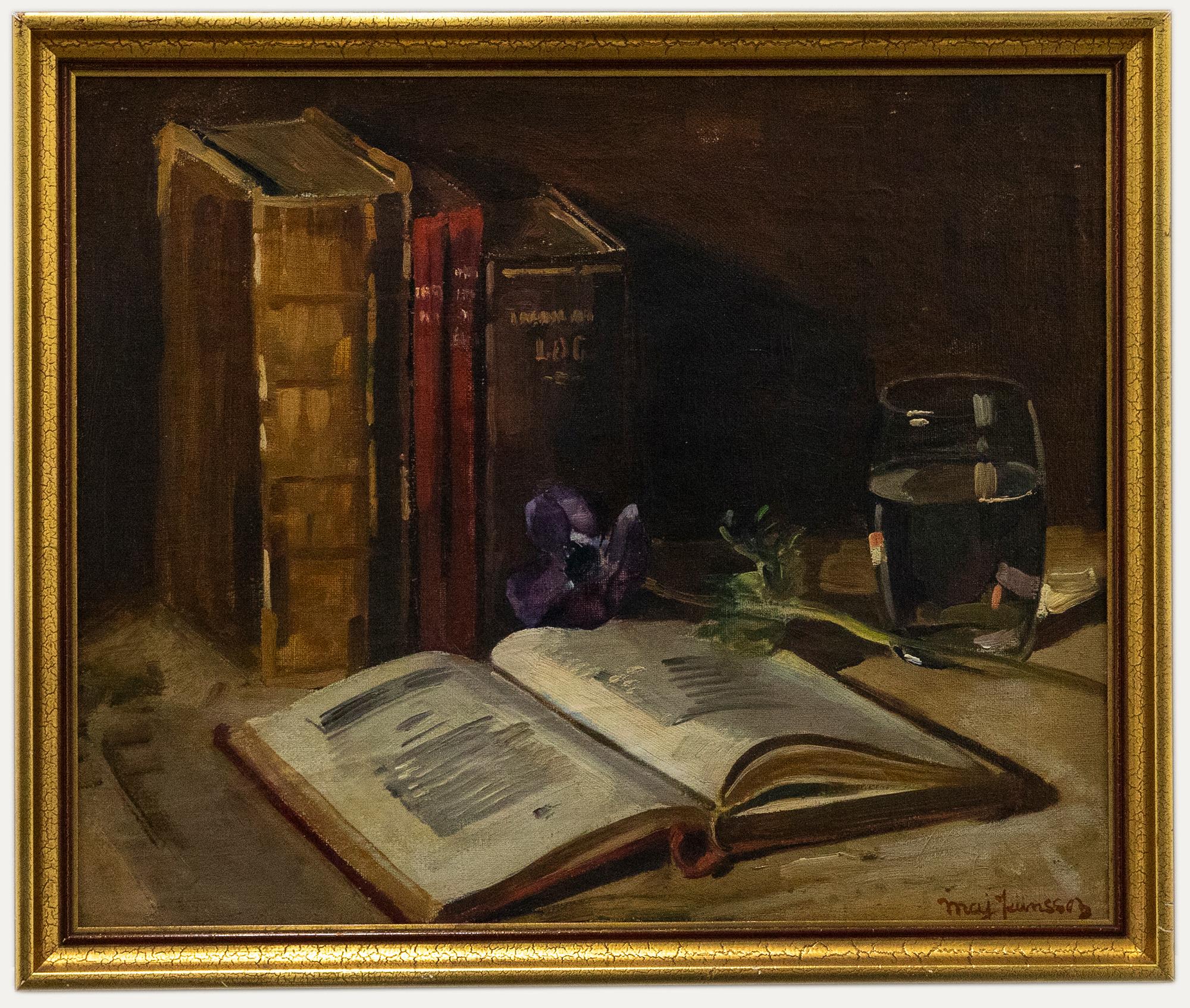 Unknown Still-Life Painting - Maj Jeansson - Swedish School Mid 20th Century Oil, Still Life with Anemone Stem