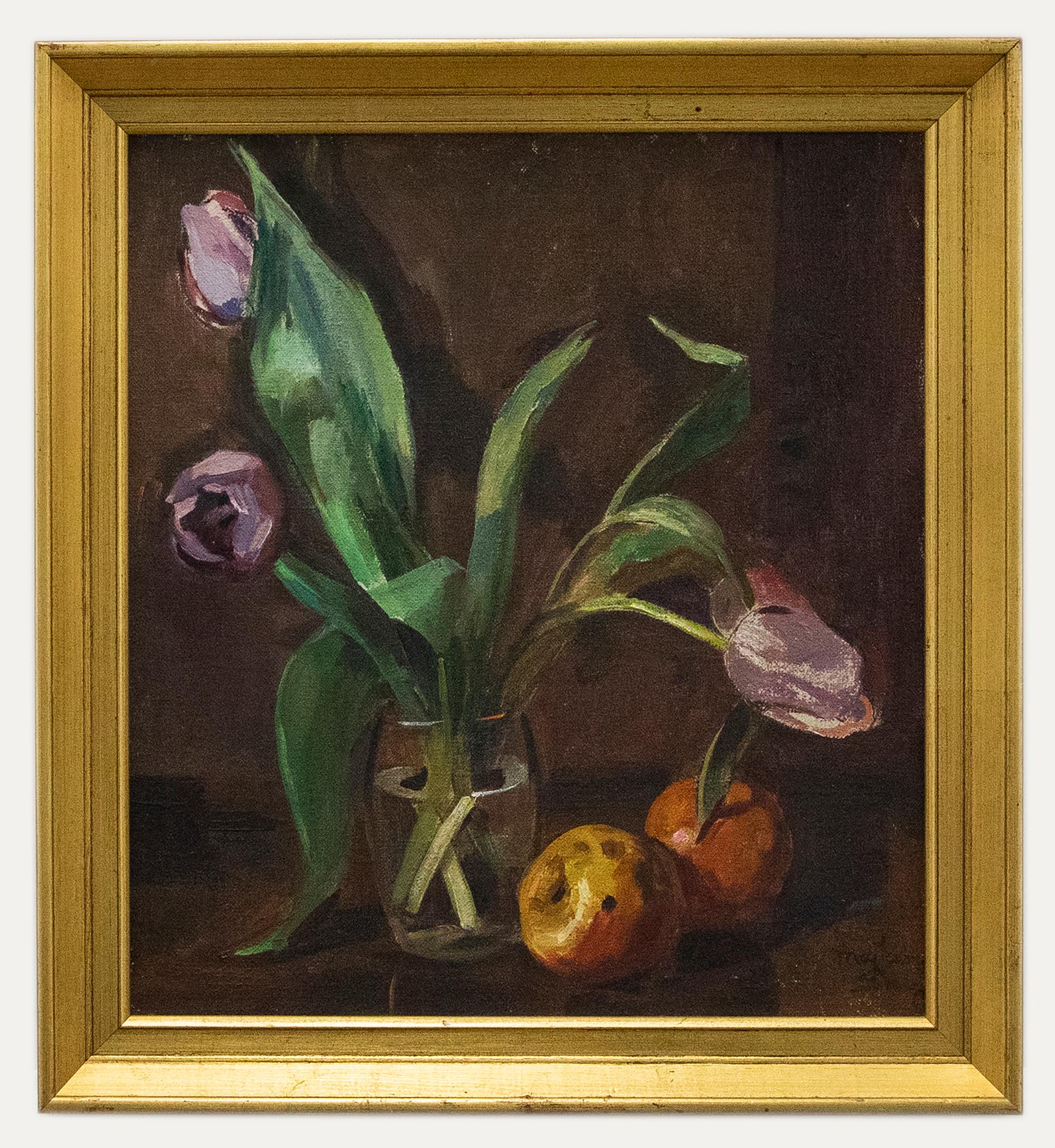Unknown Still-Life Painting - Maj Jeansson - Swedish School Mid 20th Century Oil, Still Life with Tulips