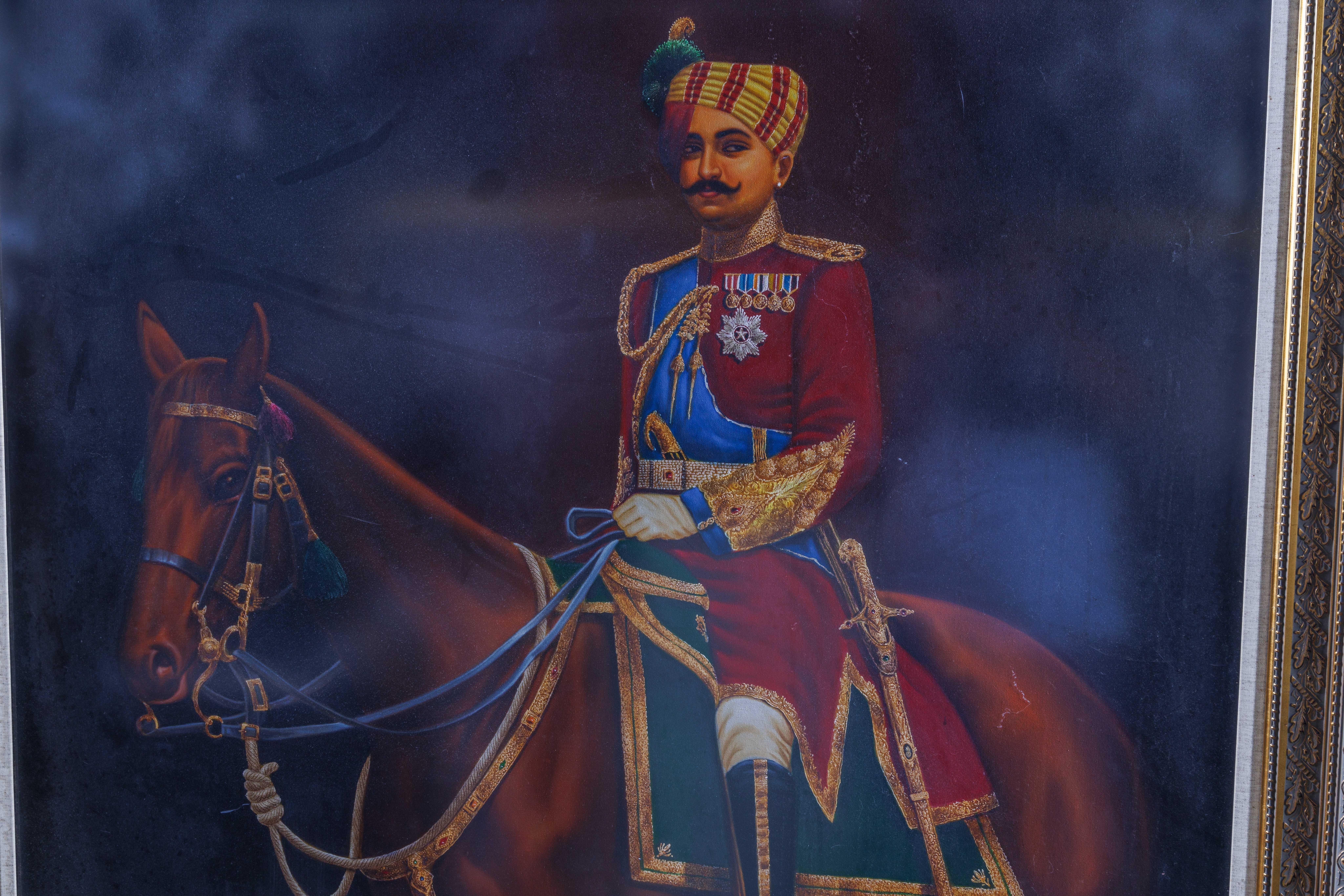 Majestic Maharaja, A Monumental Oil Painting of an Indian Maharaja on Horseback - Black Portrait Painting by Unknown