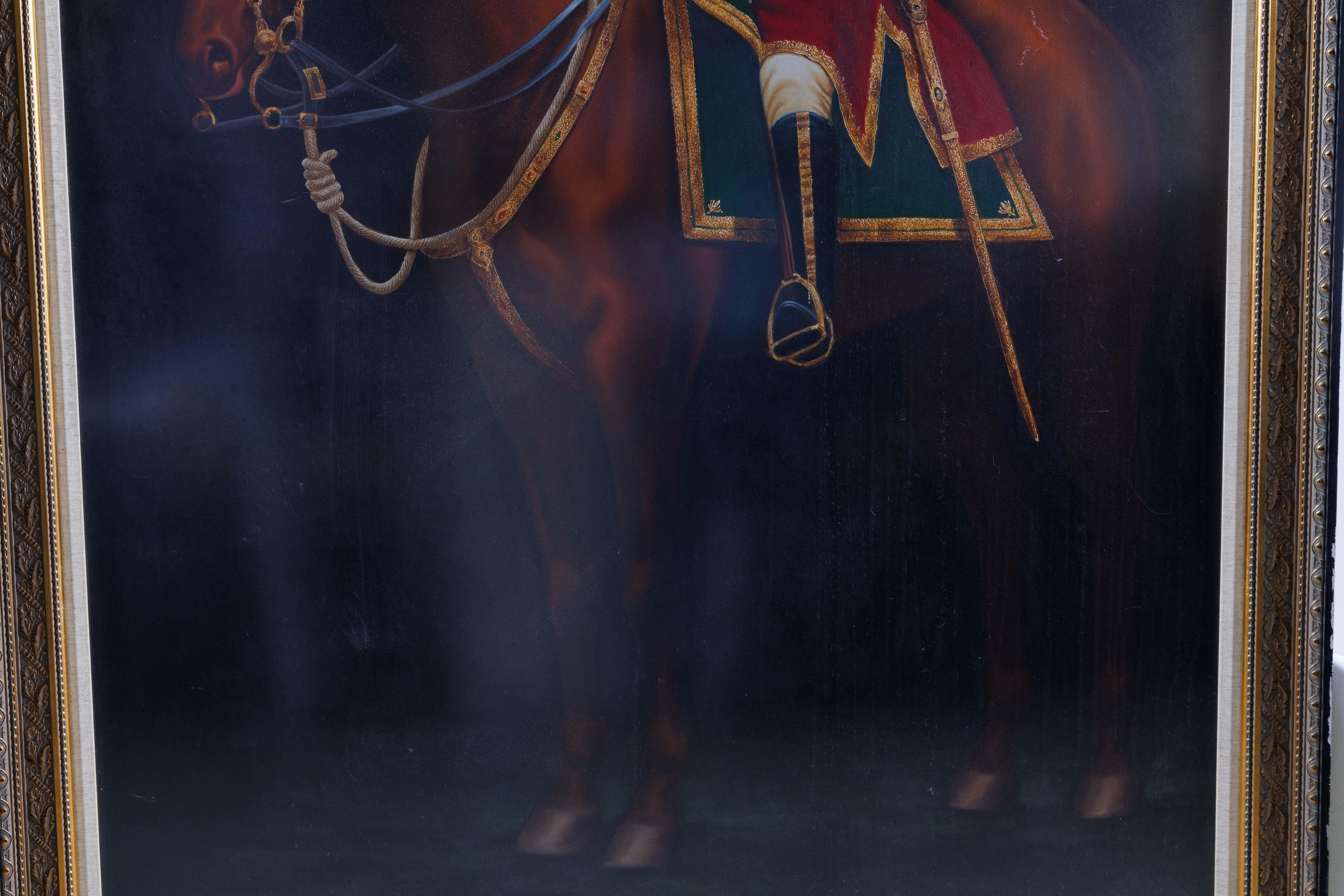 Majestic Royal Procession: A Monumental Oil on Canvas Painting of an Indian Maharaja in Regal Equestrian Splendor

This monumental oil on canvas painting captures the majestic essence of an Indian Maharaja, portrayed with an air of regal authority