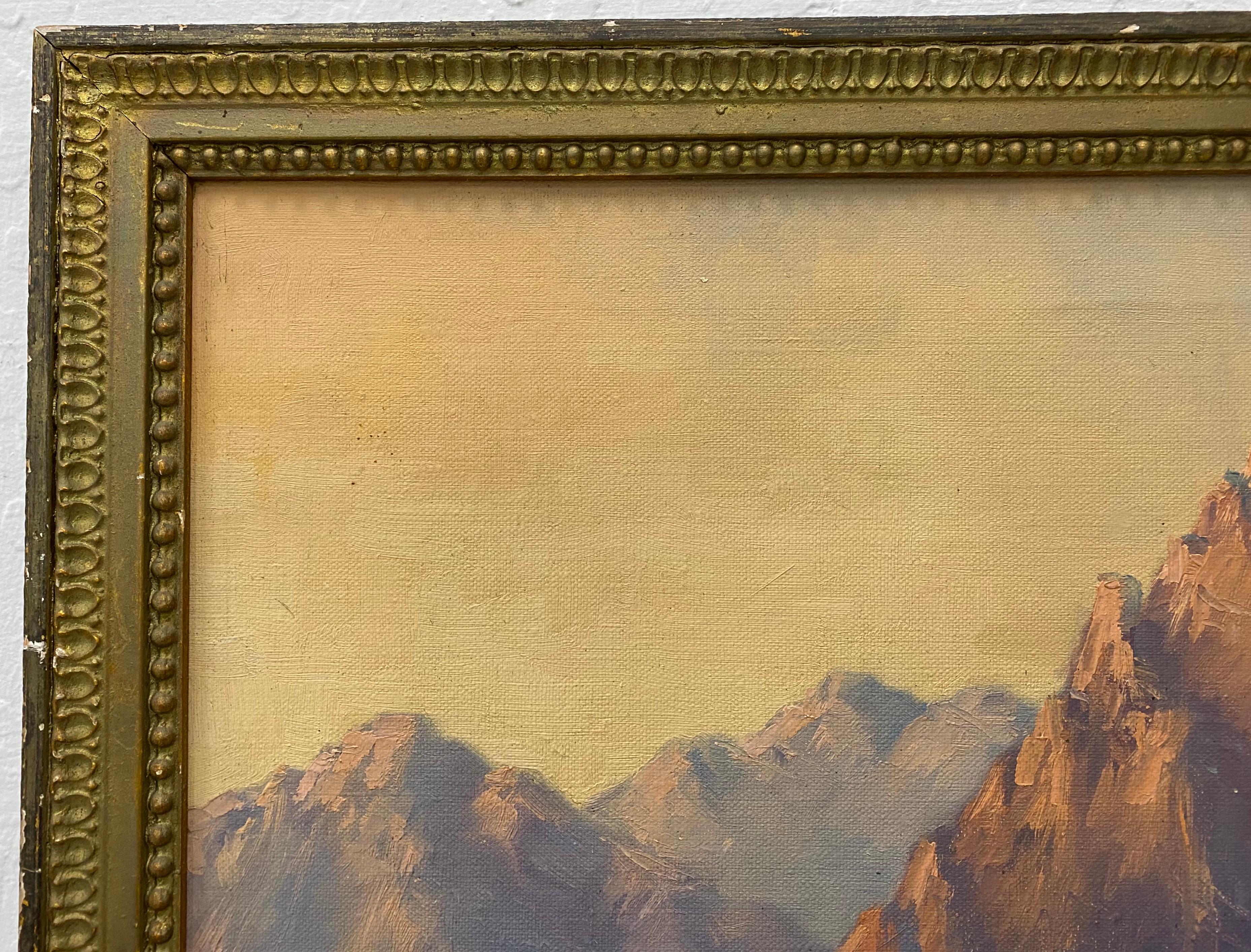 Majestic Mountain Landscape Oil Painting c.1940 - Brown Landscape Painting by Unknown