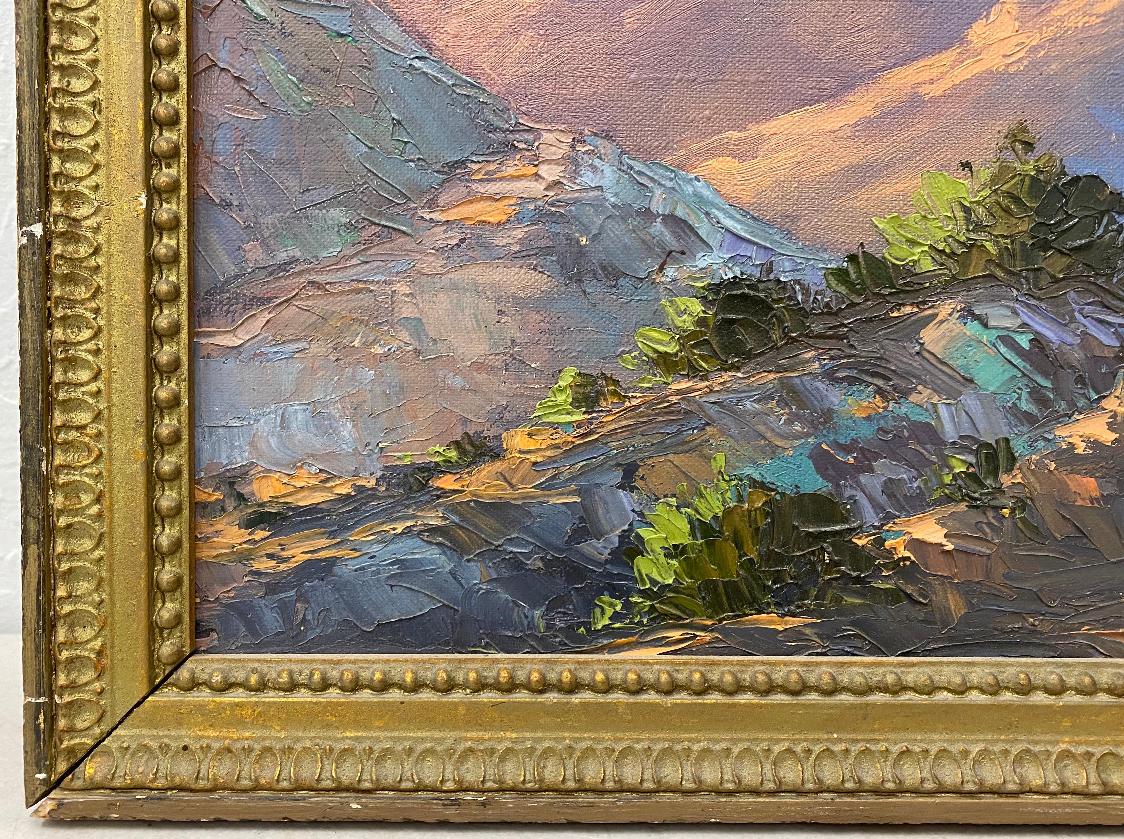 Majestic Mountain Landscape Original Oil Painting C.1940

Beautiful luminous mountain landscape oil painting

Original oil on canvas - No visible signature

Includes the original period frame (distressed - as is)

The painting is in very good