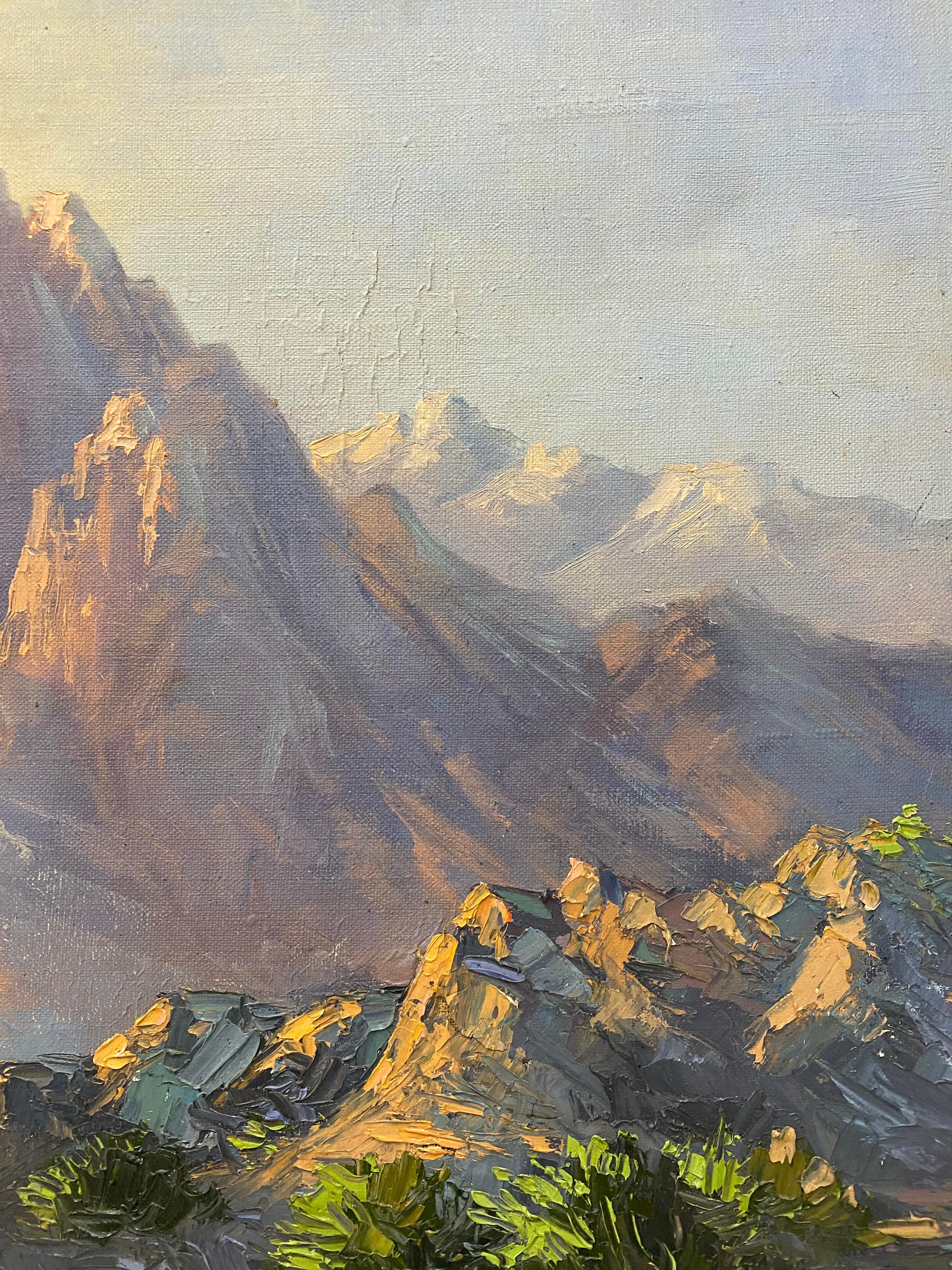 Majestic Mountain Landscape Oil Painting c.1940 For Sale 2