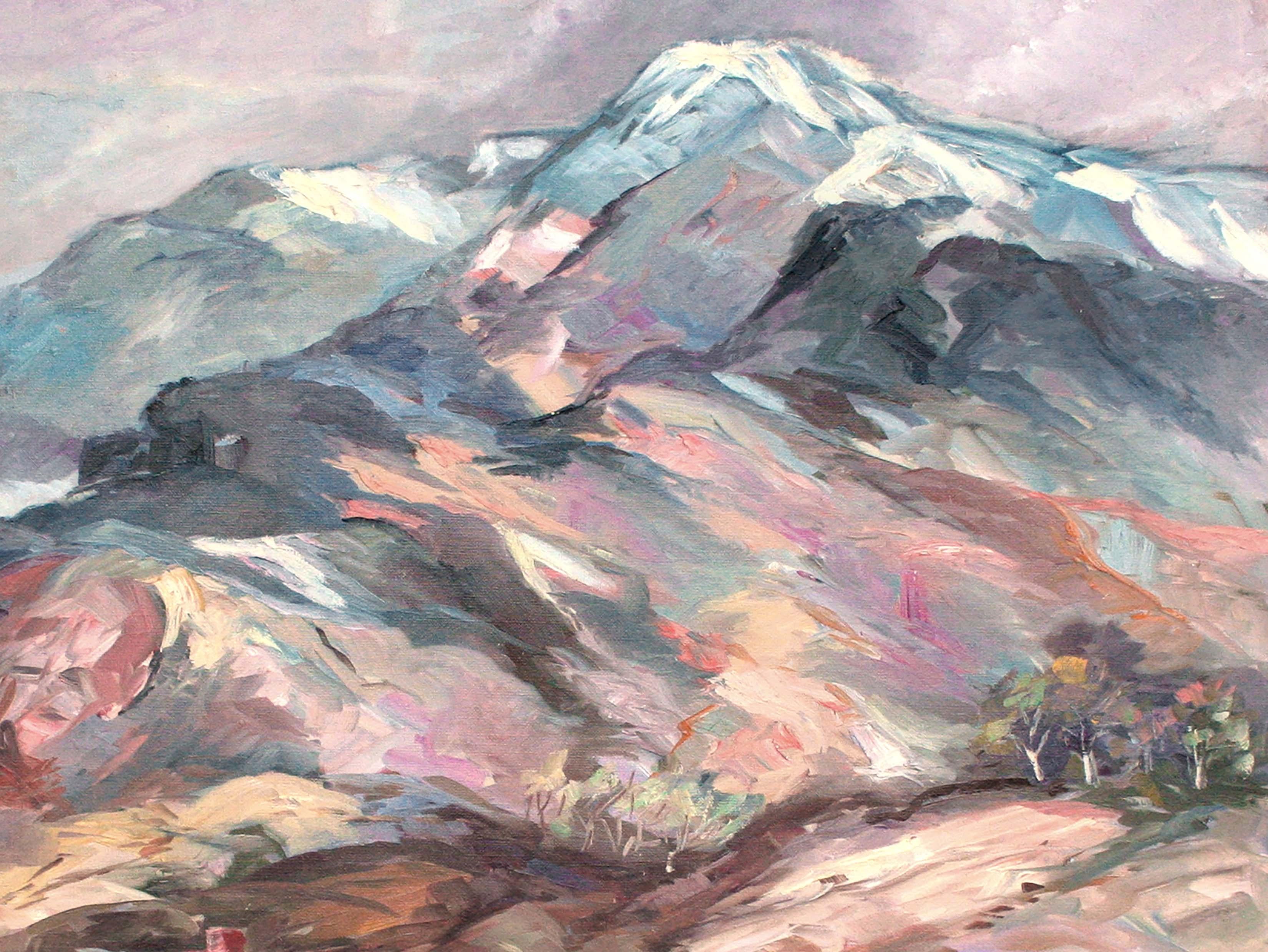 Paysage de ferme majestueux et coloré au sommet de la montagne  - Impressionnisme américain Painting par Unknown