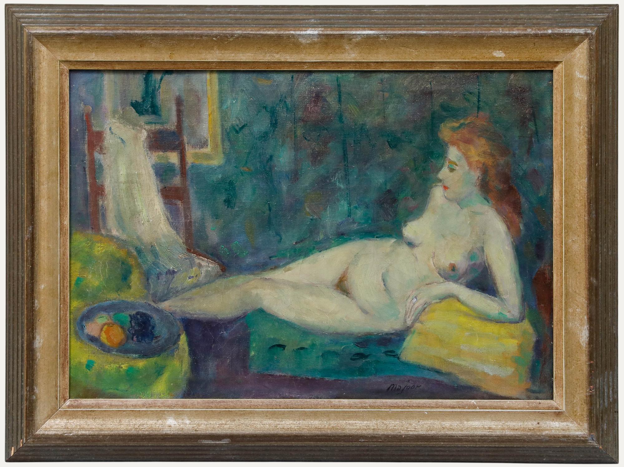 Unknown Nude Painting - Majoor - Framed Mid 20th Century Oil, Reclining by the Fruit Bowl
